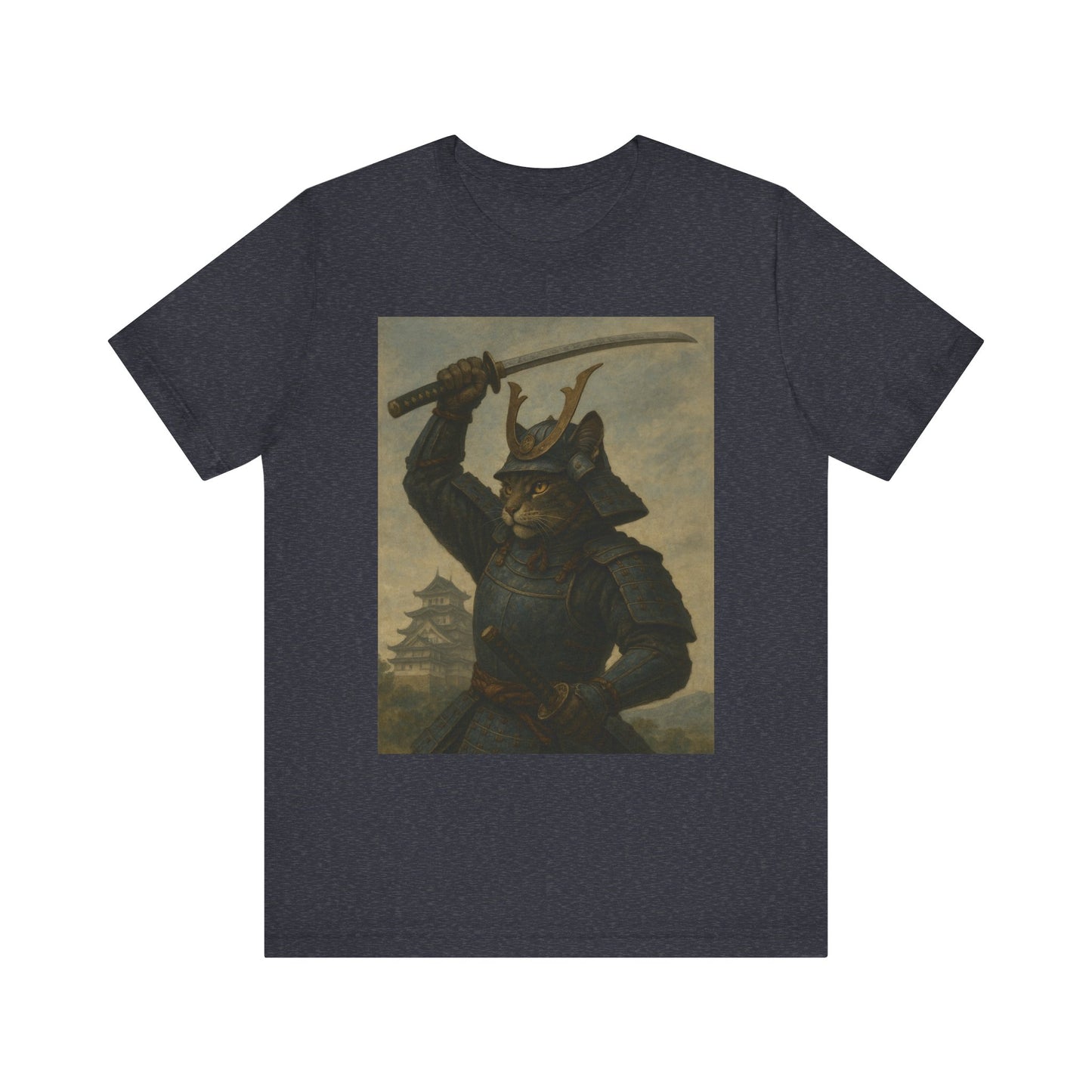 Cat Samurai Strike Tee | Epic Armored Feline Raising Katana | Japanese Warrior Art Unisex Shirt
