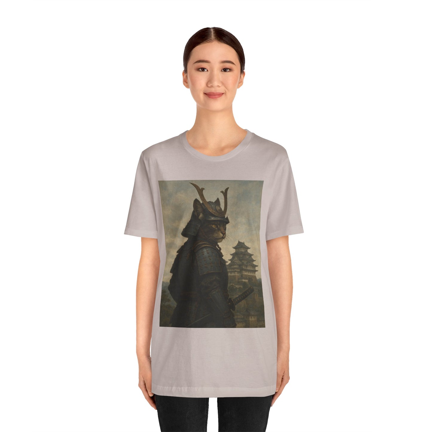 Cat Samurai Vigil Tee | Armored Feline Warrior w/ Castle Backdrop | Japanese Art Unisex Shirt