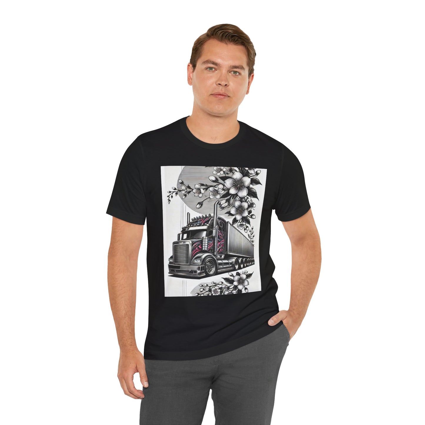 Cherry Blossom Convoy T-Shirt | Japanese Sakura x Modern Truck Art | Unique Graphic Tee for Drivers & Streetwear Lovers No.002