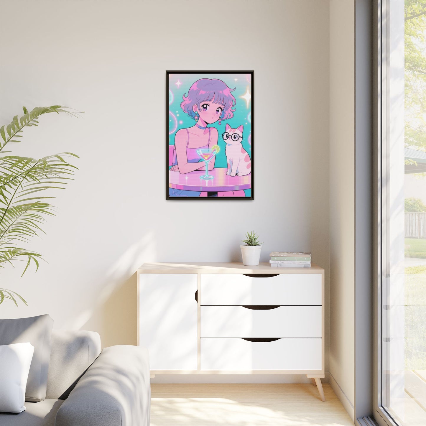 Anime Girl and Cat Canvas Pastel Neon Retro Shoujo Wall Art Kawaii Cocktail Aesthetic Gift for Daughter or Dad
