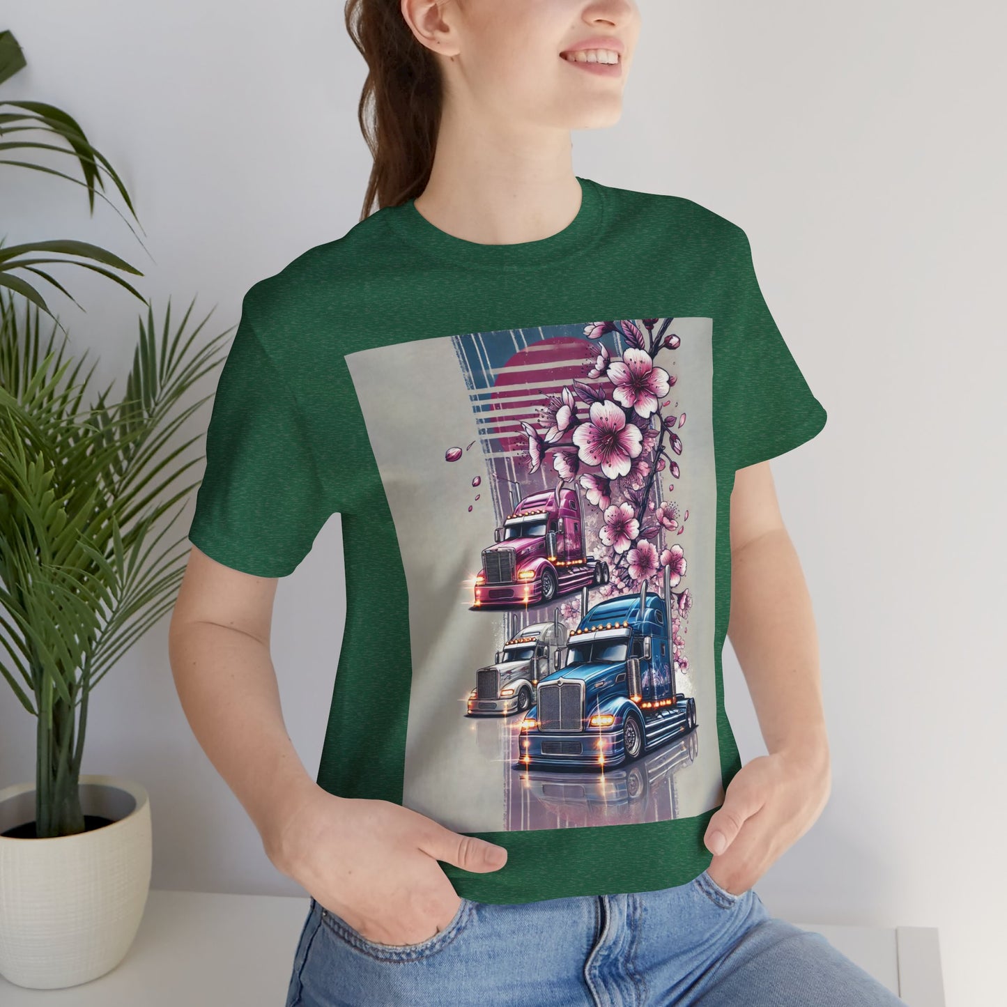 Cherry Blossom Convoy T-Shirt | Japanese Sakura x Modern Truck Art | Unique Graphic Tee for Drivers & Streetwear Lovers No.004