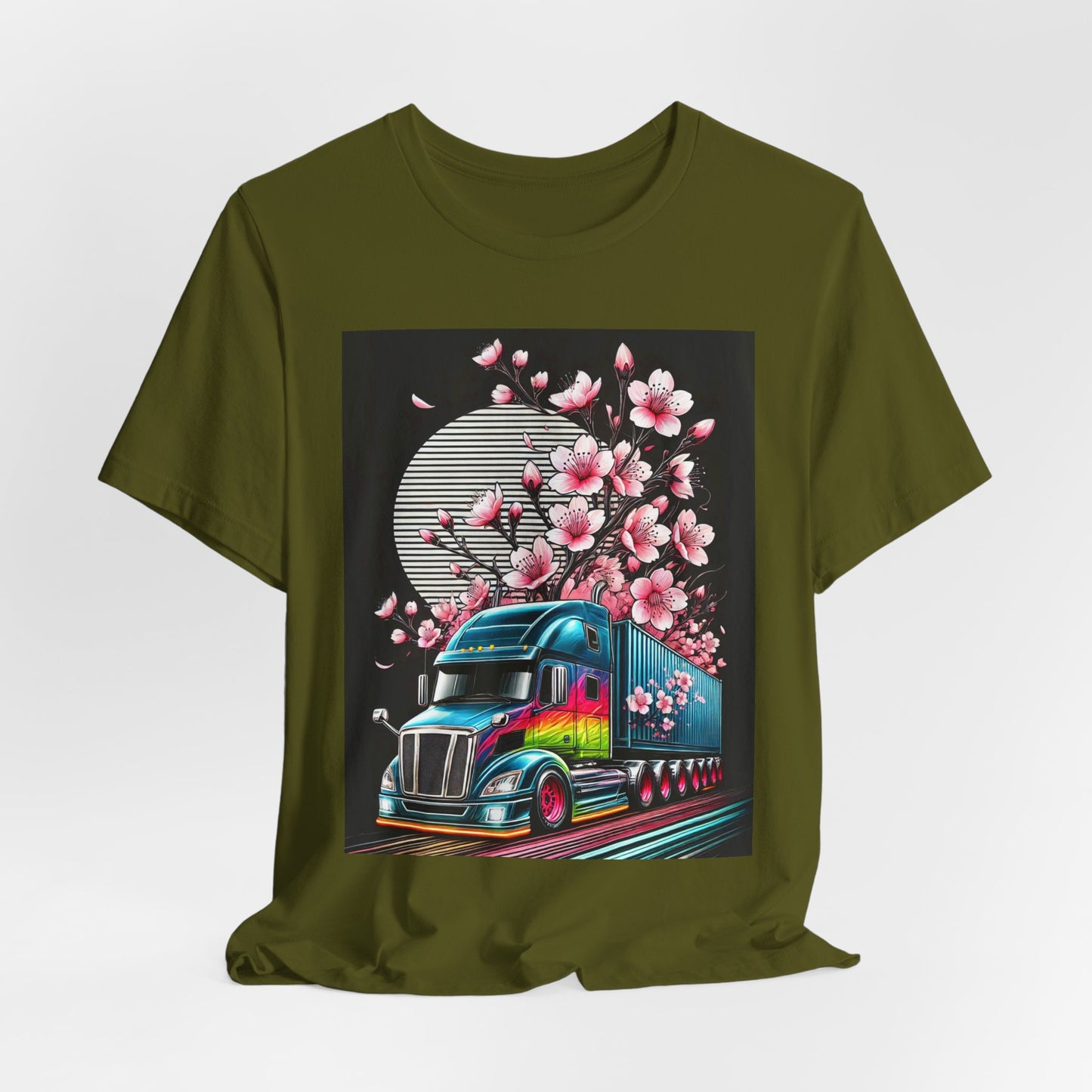Cherry Blossom Convoy T-Shirt | Japanese Sakura x Modern Truck Art | Unique Graphic Tee for Drivers & Streetwear Lovers No.003