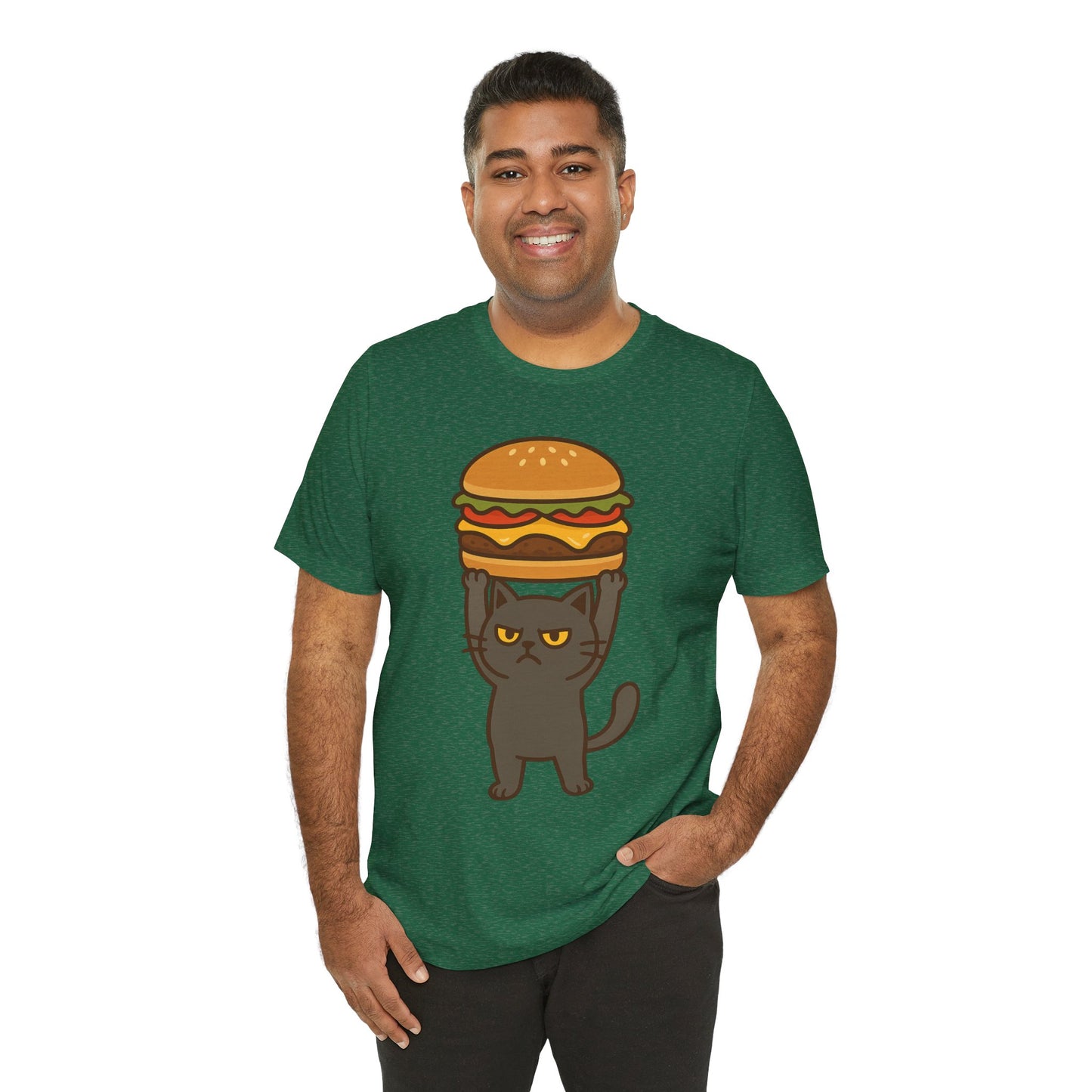 "Hanba-nyaa~" Cute Japanese Cat T-Shirt – Funny Burger & Cat Design – Kawaii Style Unisex Tee – Gift for Food & Cat Lovers
