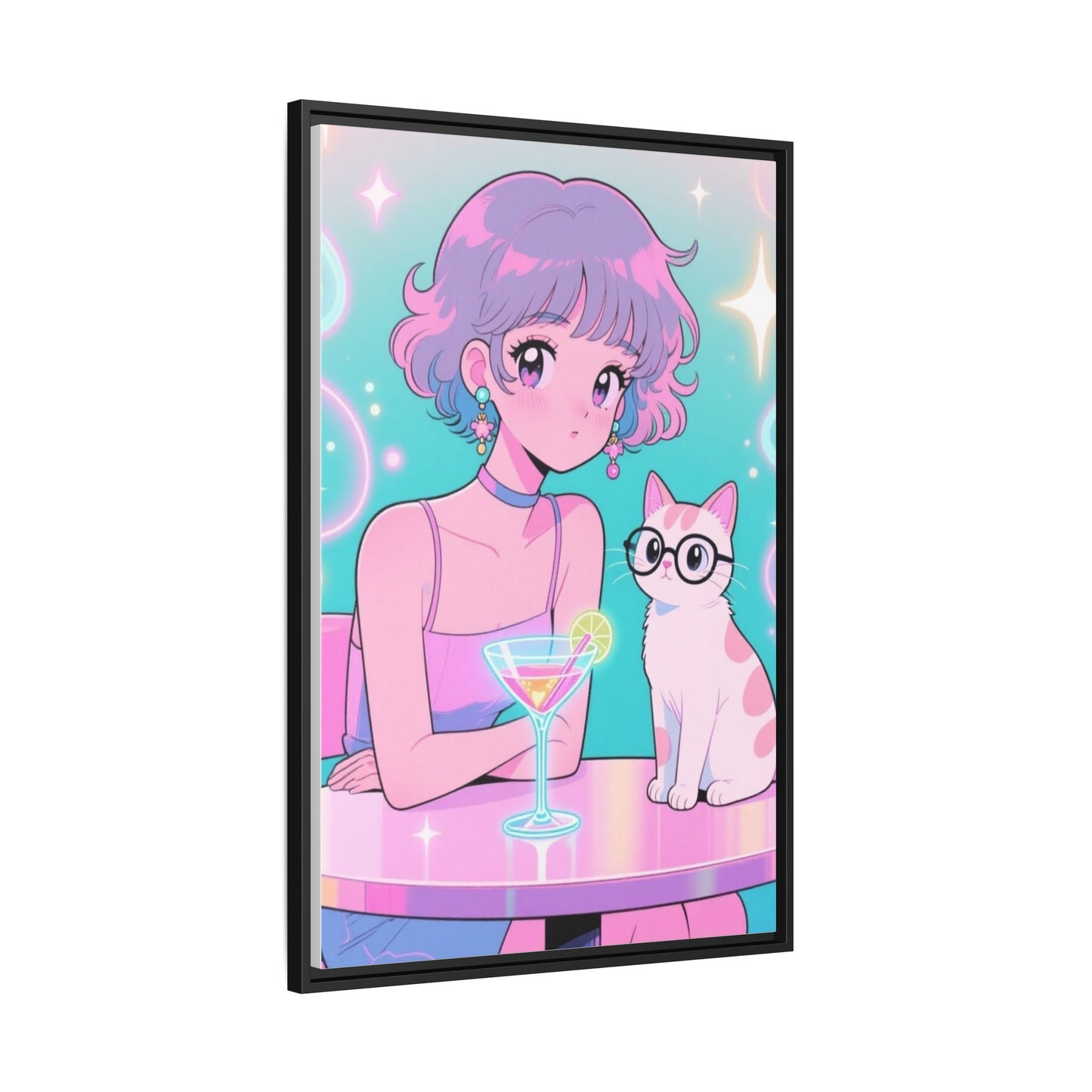 Anime Girl and Cat Canvas Pastel Neon Retro Shoujo Wall Art Kawaii Cocktail Aesthetic Gift for Daughter or Dad