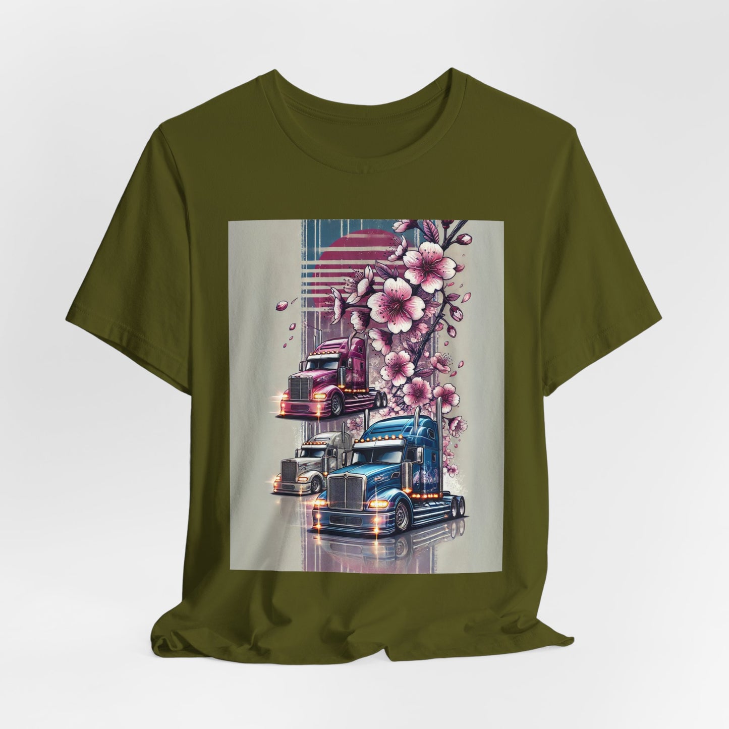 Cherry Blossom Convoy T-Shirt | Japanese Sakura x Modern Truck Art | Unique Graphic Tee for Drivers & Streetwear Lovers No.004