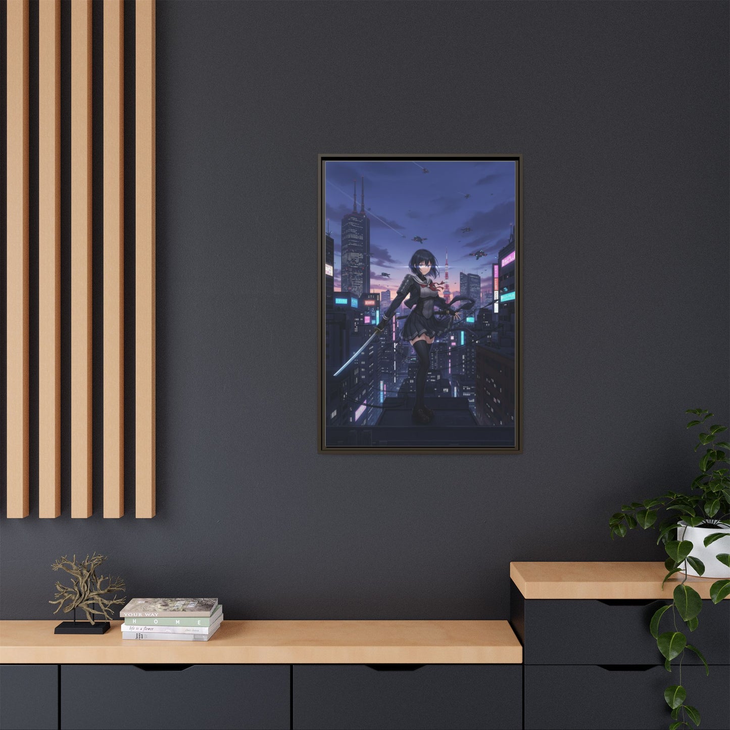 Cyber Ninja Girl Canvas Tokyo Skyline Anime Wall Art Futuristic Night City Samurai Sword Gift for Daughter or Dad Gaming Room Decor