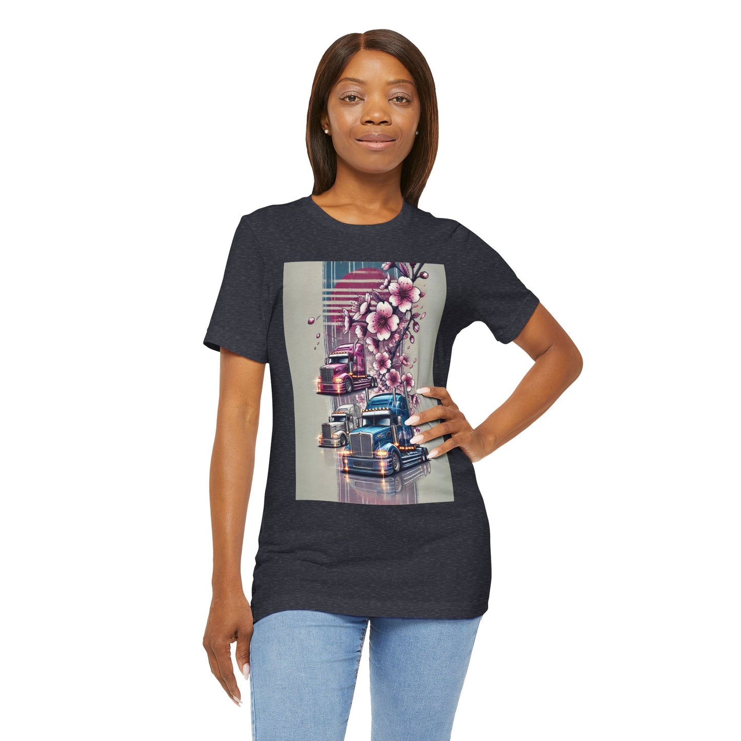 Cherry Blossom Convoy T-Shirt | Japanese Sakura x Modern Truck Art | Unique Graphic Tee for Drivers & Streetwear Lovers No.004