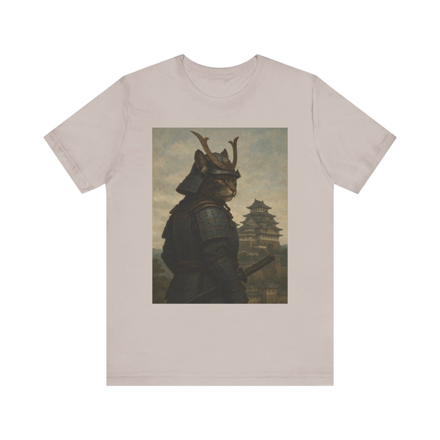 Cat Samurai Vigil Tee | Armored Feline Warrior w/ Castle Backdrop | Japanese Art Unisex Shirt