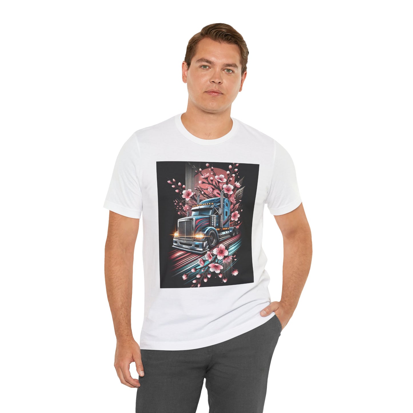 Cherry Blossom Convoy T-Shirt | Japanese Sakura x Modern Truck Art | Unique Graphic Tee for Drivers & Streetwear Lovers No.006