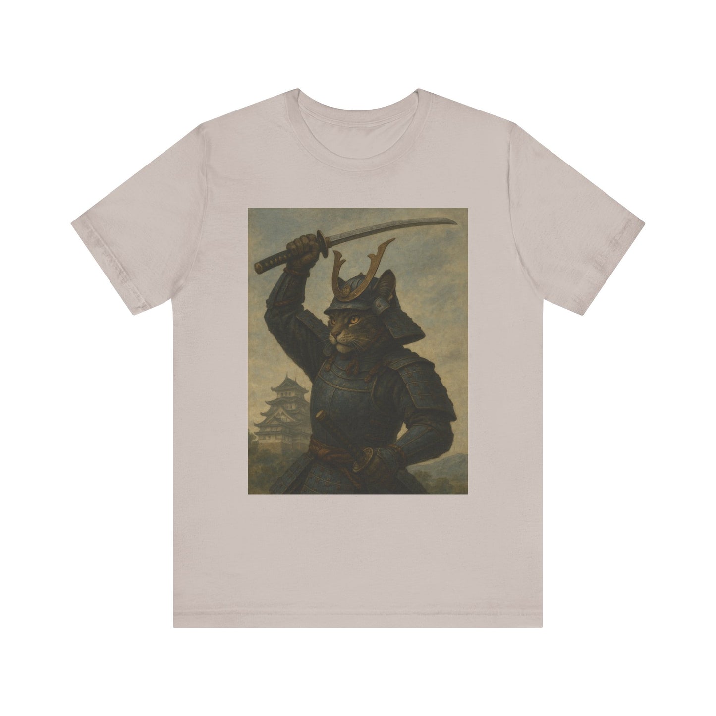 Cat Samurai Strike Tee | Epic Armored Feline Raising Katana | Japanese Warrior Art Unisex Shirt