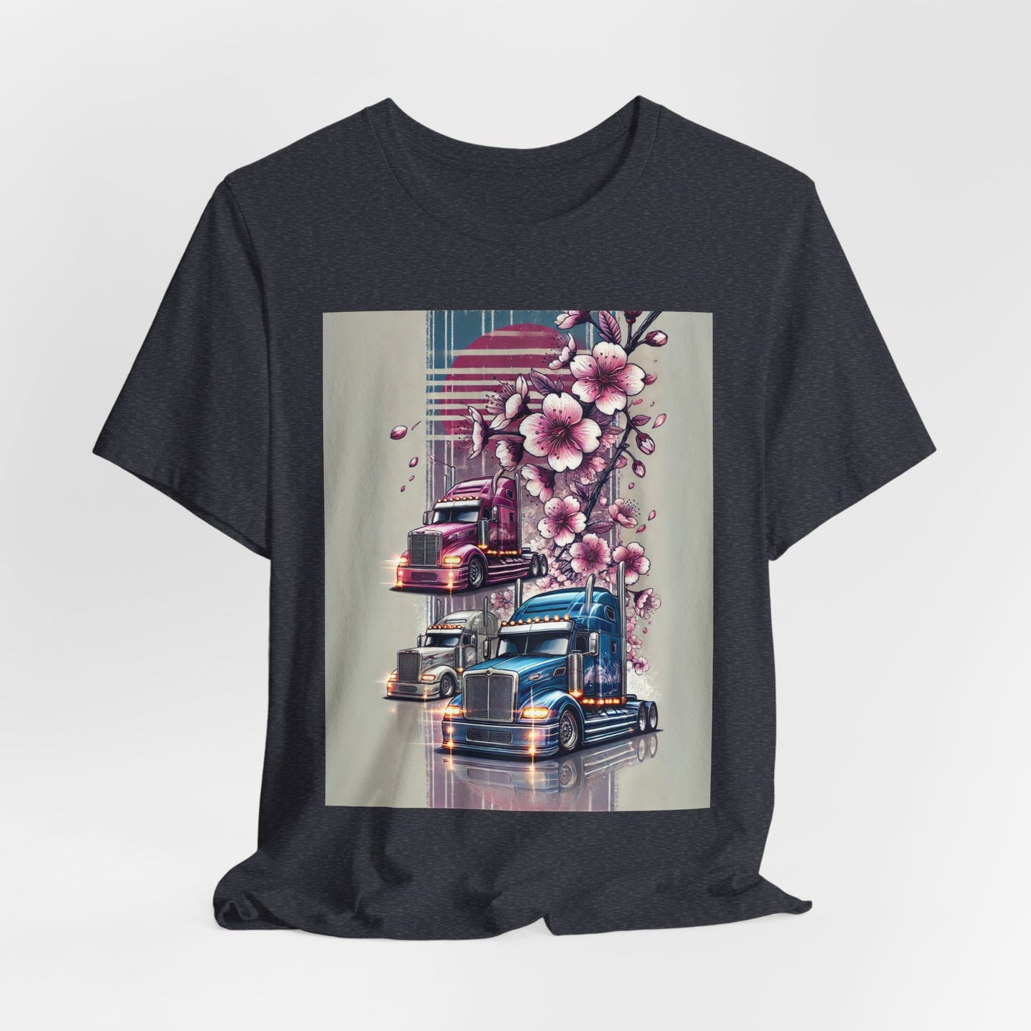 Cherry Blossom Convoy T-Shirt | Japanese Sakura x Modern Truck Art | Unique Graphic Tee for Drivers & Streetwear Lovers No.004