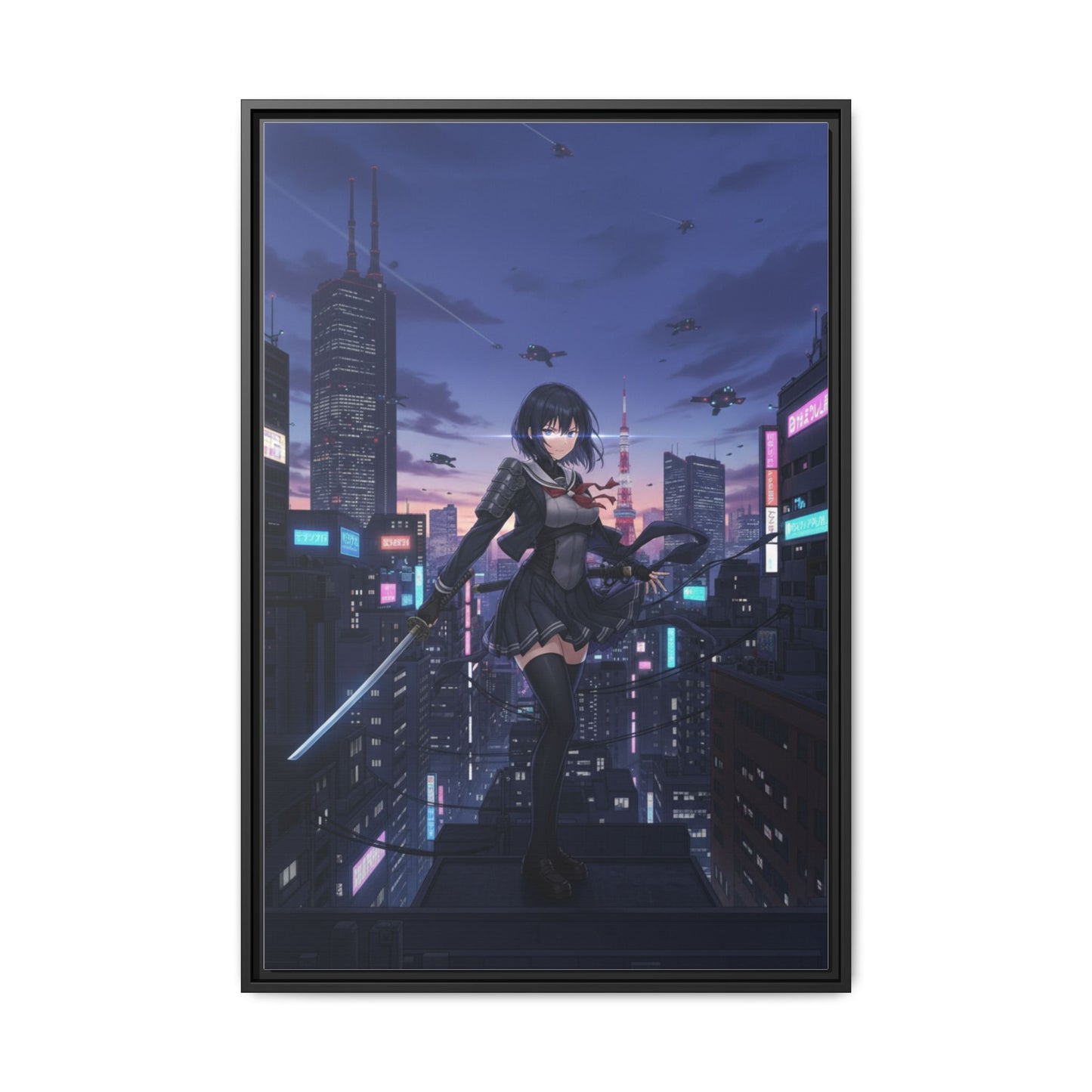 Cyber Ninja Girl Canvas Tokyo Skyline Anime Wall Art Futuristic Night City Samurai Sword Gift for Daughter or Dad Gaming Room Decor