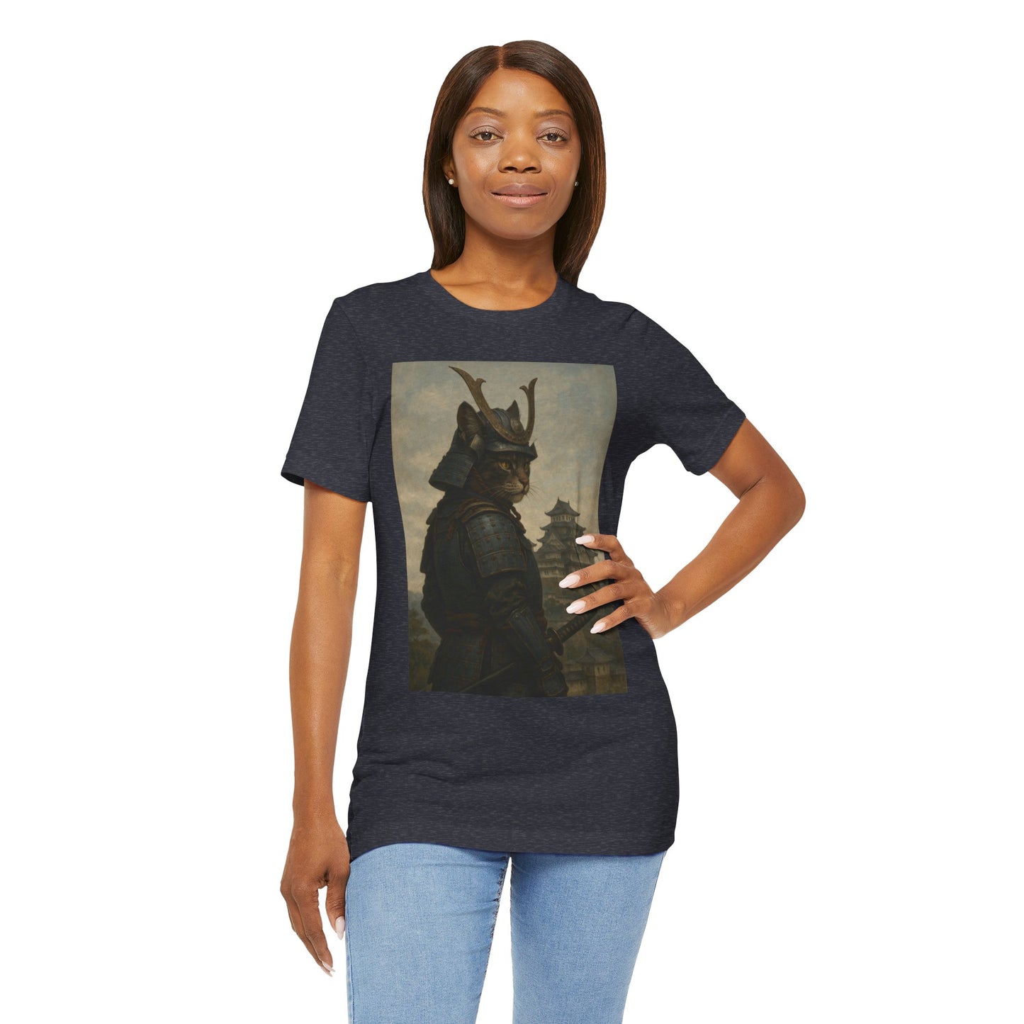 Cat Samurai Vigil Tee | Armored Feline Warrior w/ Castle Backdrop | Japanese Art Unisex Shirt