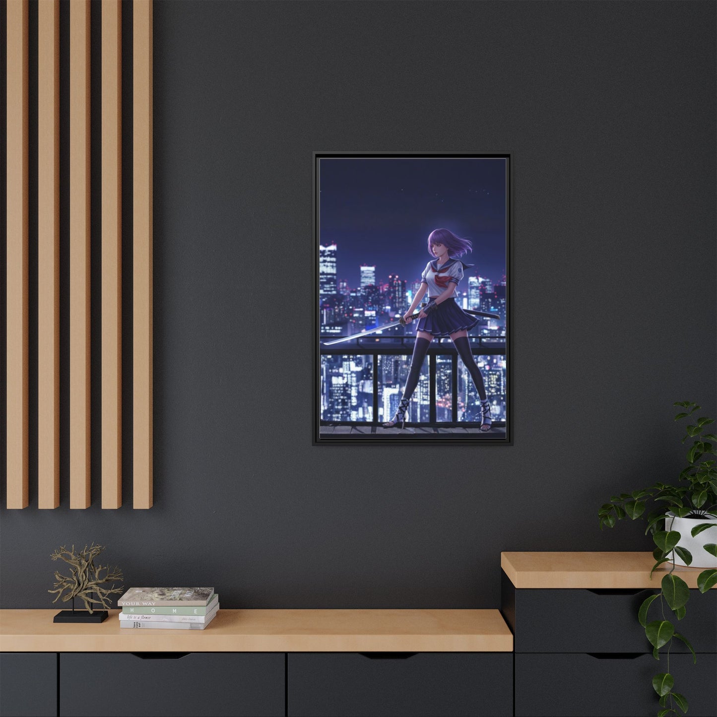 Anime Warrior Girl Canvas Tokyo Night Skyline Katana Wall Art Futuristic Heroine Gift for Daughter or Dad Gaming Room Decor