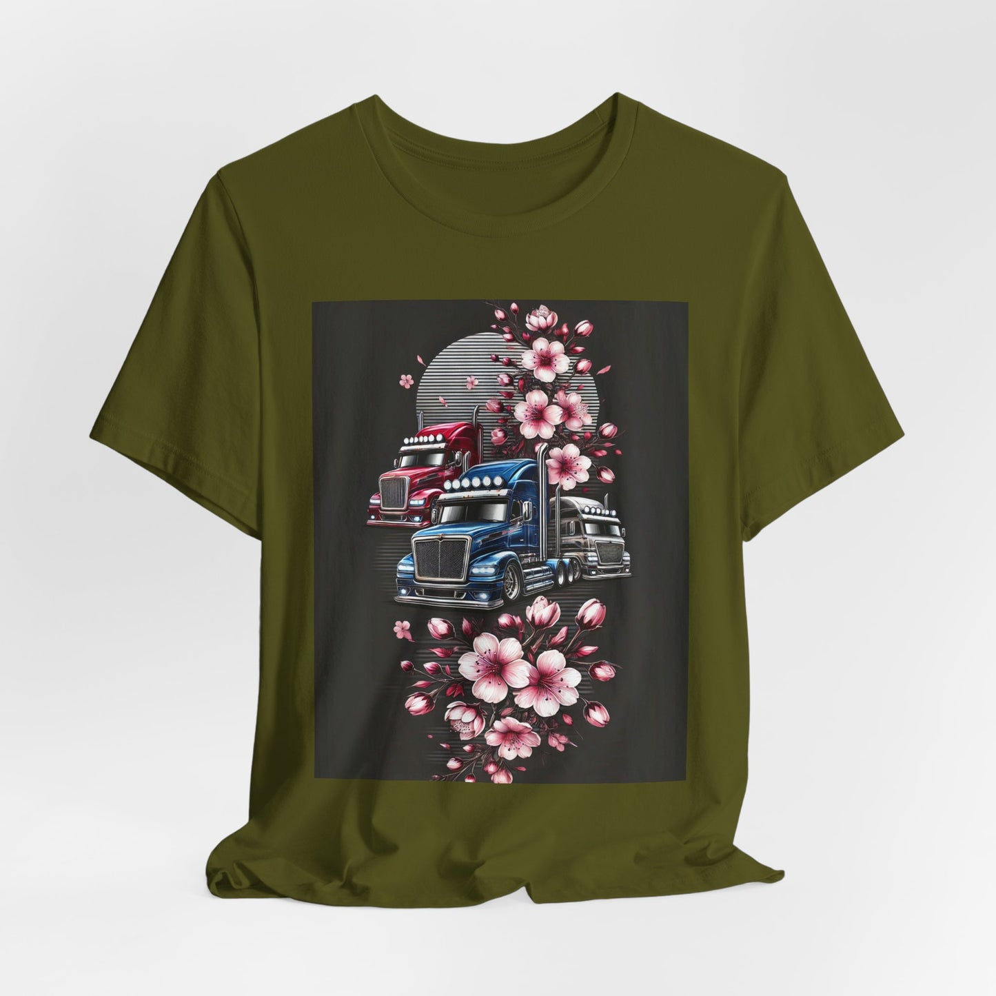 Cherry Blossom Convoy T-Shirt | Japanese Sakura x Modern Truck Art | Unique Graphic Tee for Drivers & Streetwear Lovers No.005