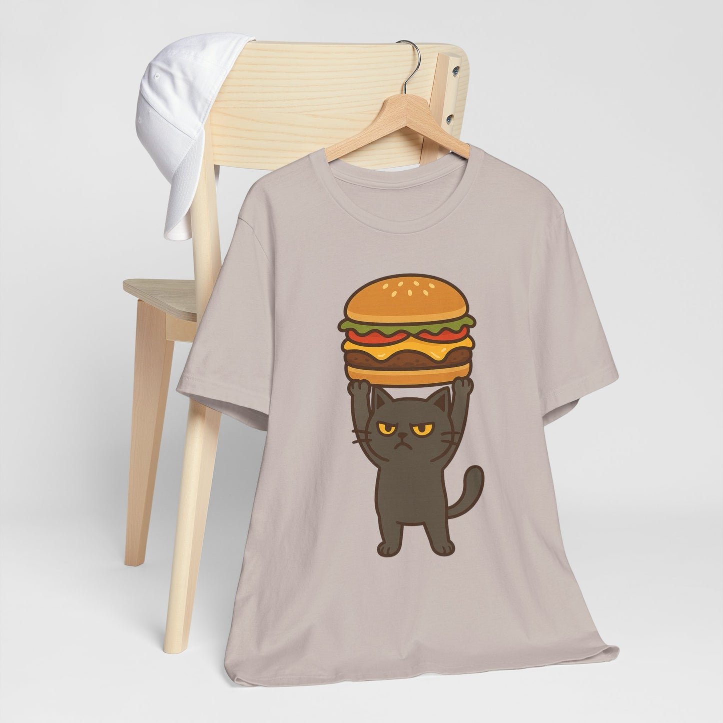 "Hanba-nyaa~" Cute Japanese Cat T-Shirt – Funny Burger & Cat Design – Kawaii Style Unisex Tee – Gift for Food & Cat Lovers