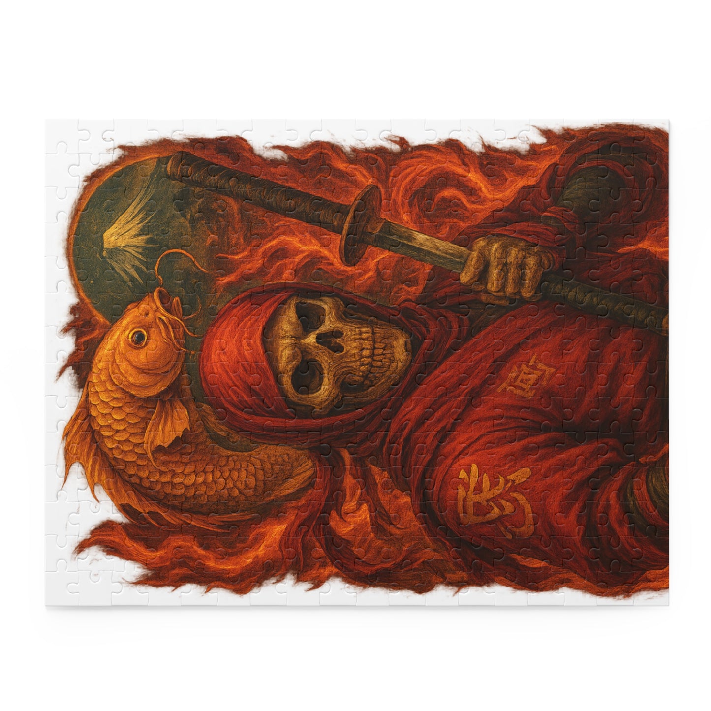 Dark Ninja Skull Puzzle-Gothic Japanese Horror Art, Golden Koi & Fire, High-Detail Mystery Warrior Jigsaw for Adults, Unique Gift Idea