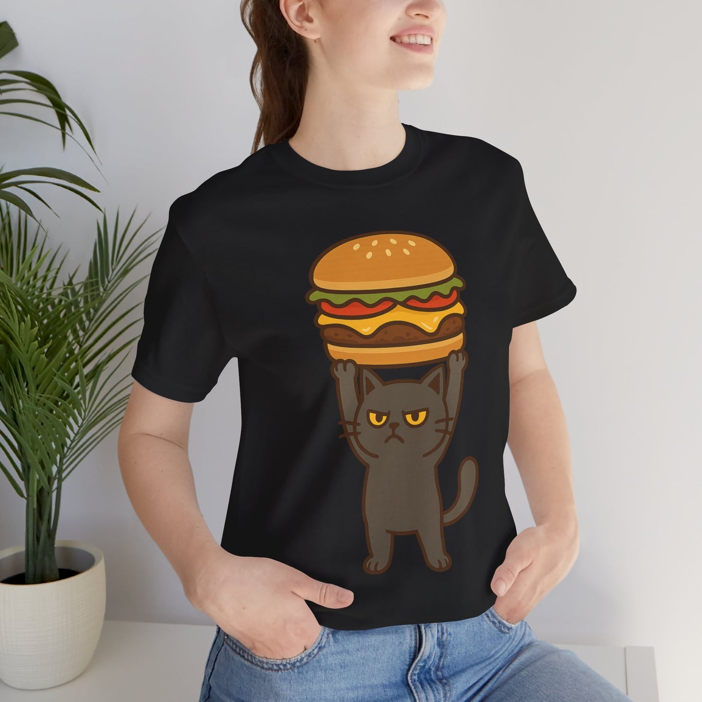 "Hanba-nyaa~" Cute Japanese Cat T-Shirt – Funny Burger & Cat Design – Kawaii Style Unisex Tee – Gift for Food & Cat Lovers