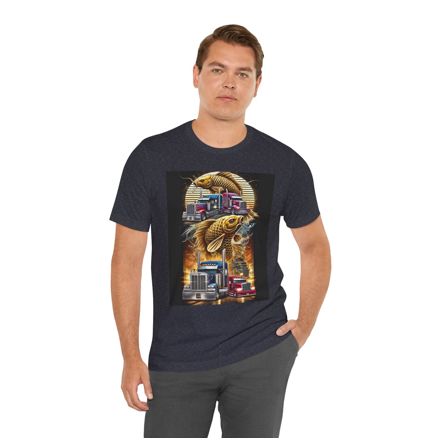 Bold Koi & Truck Fusion T-Shirt | Japanese Golden Carp AND Convoy Art Tee | Vibrant Streetwear for Truckers AND Tattoo Fans