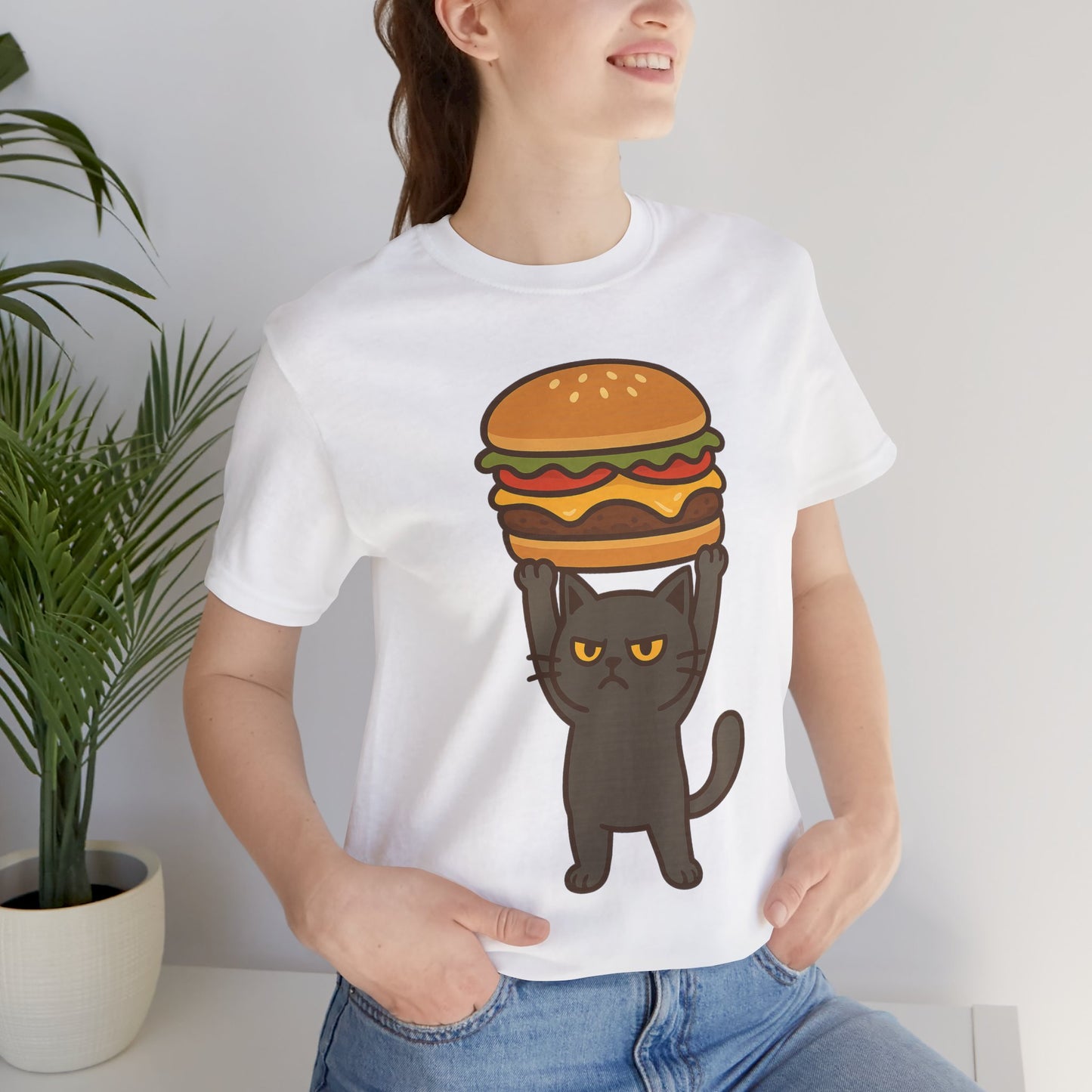 "Hanba-nyaa~" Cute Japanese Cat T-Shirt – Funny Burger & Cat Design – Kawaii Style Unisex Tee – Gift for Food & Cat Lovers