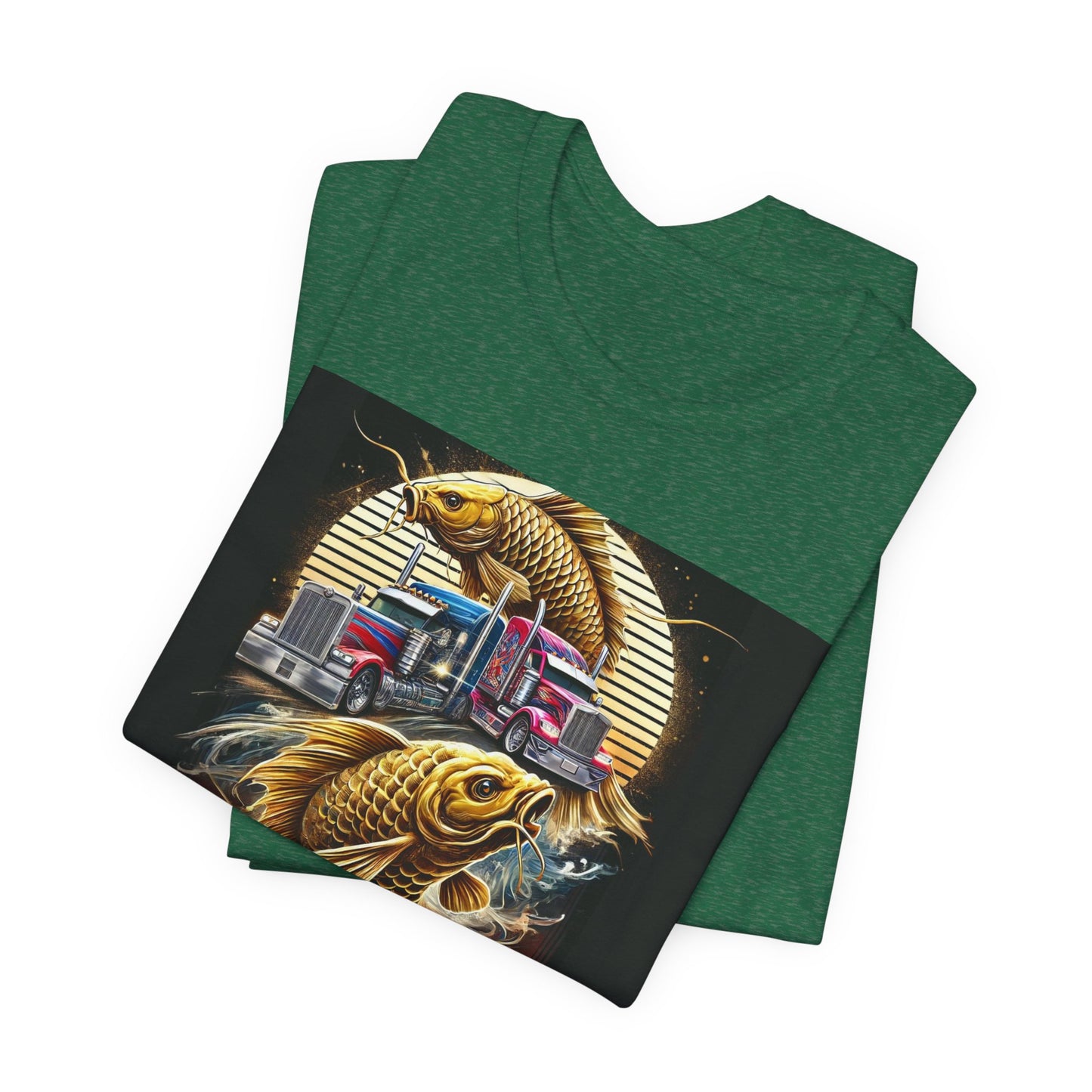 Bold Koi & Truck Fusion T-Shirt | Japanese Golden Carp AND Convoy Art Tee | Vibrant Streetwear for Truckers AND Tattoo Fans
