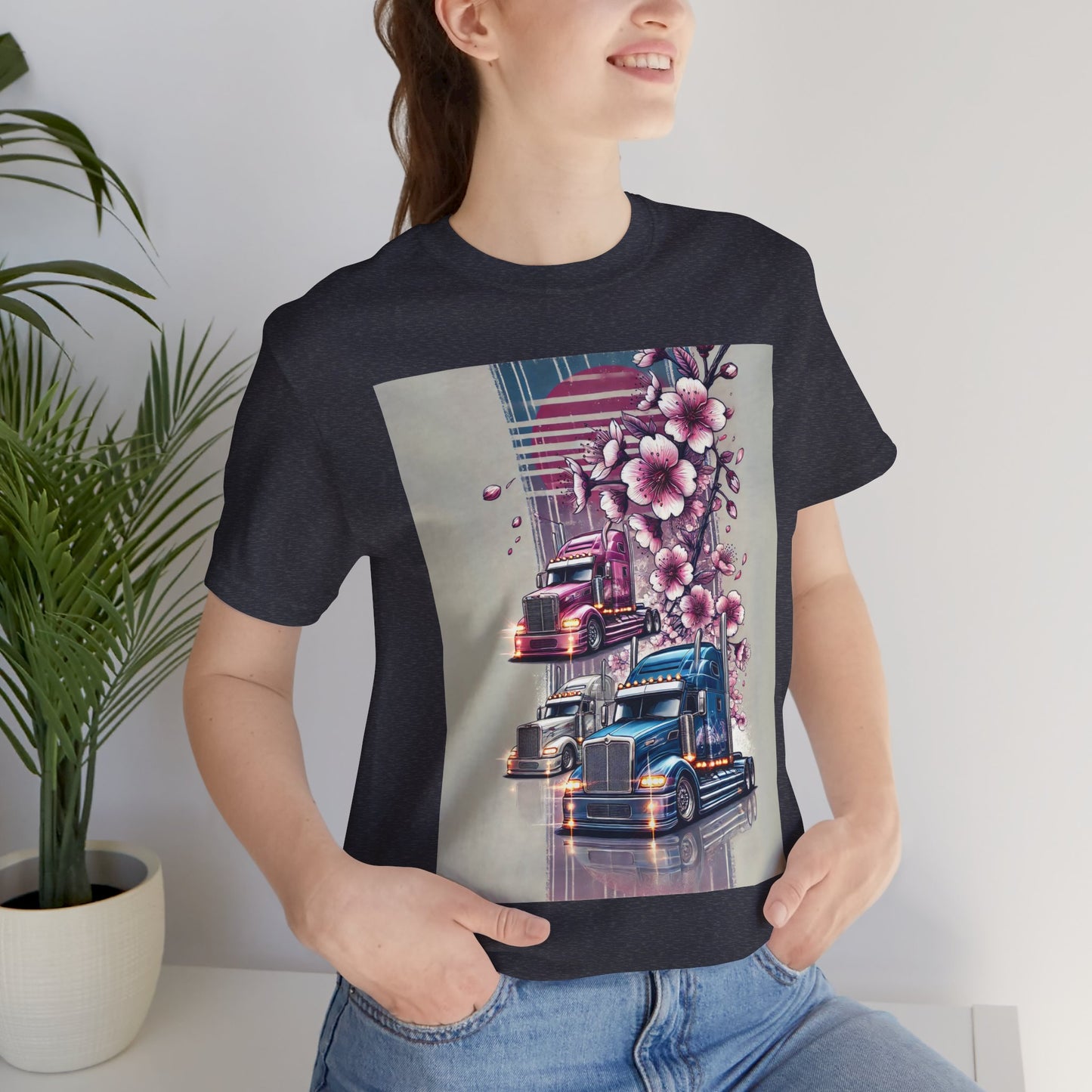 Cherry Blossom Convoy T-Shirt | Japanese Sakura x Modern Truck Art | Unique Graphic Tee for Drivers & Streetwear Lovers No.004