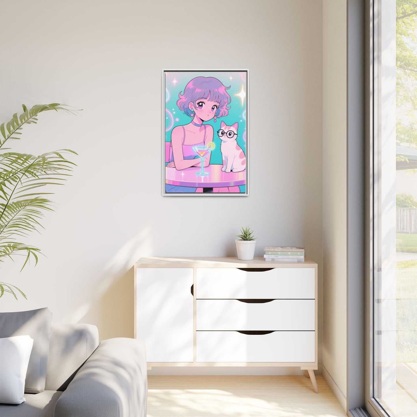 Anime Girl and Cat Canvas Pastel Neon Retro Shoujo Wall Art Kawaii Cocktail Aesthetic Gift for Daughter or Dad