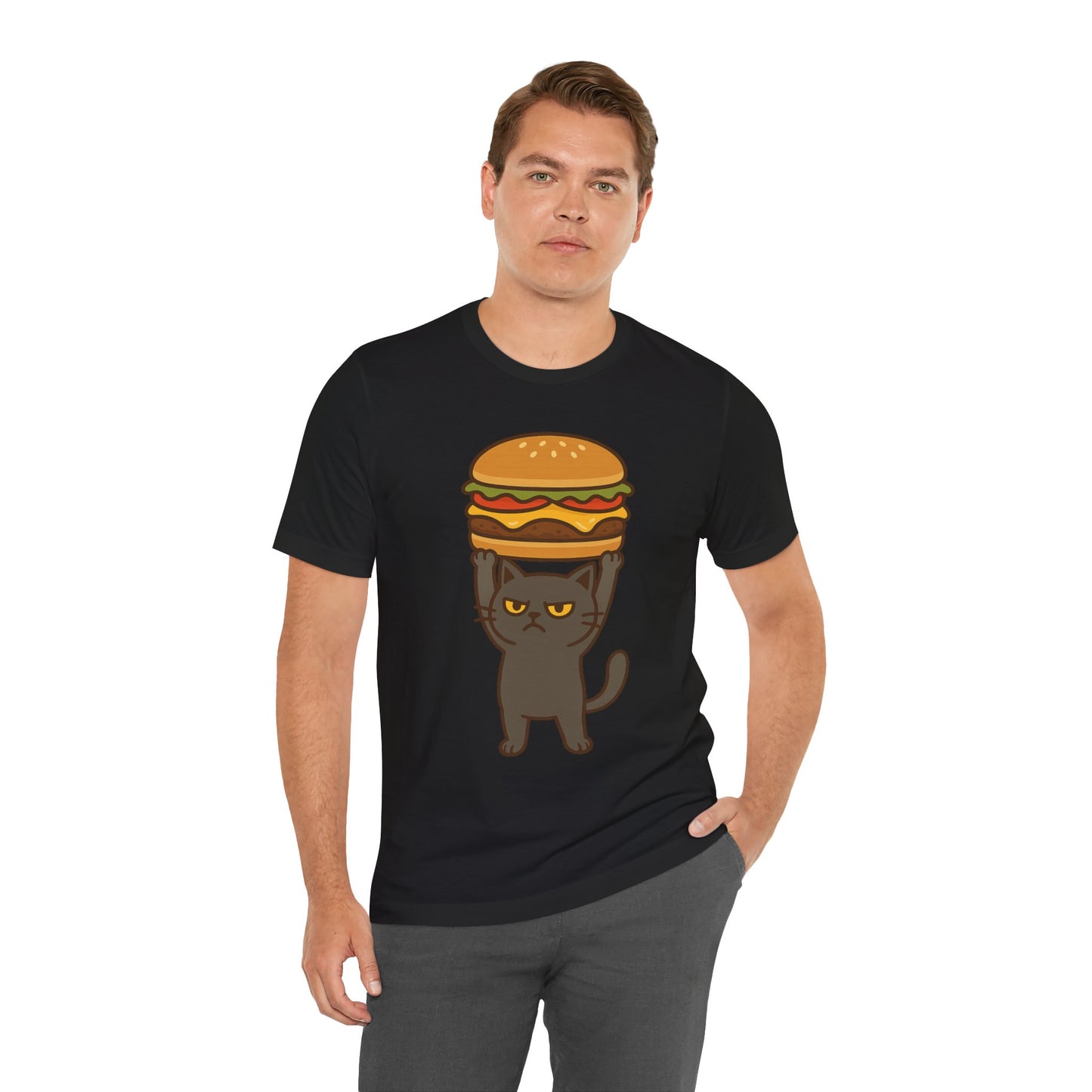 "Hanba-nyaa~" Cute Japanese Cat T-Shirt – Funny Burger & Cat Design – Kawaii Style Unisex Tee – Gift for Food & Cat Lovers