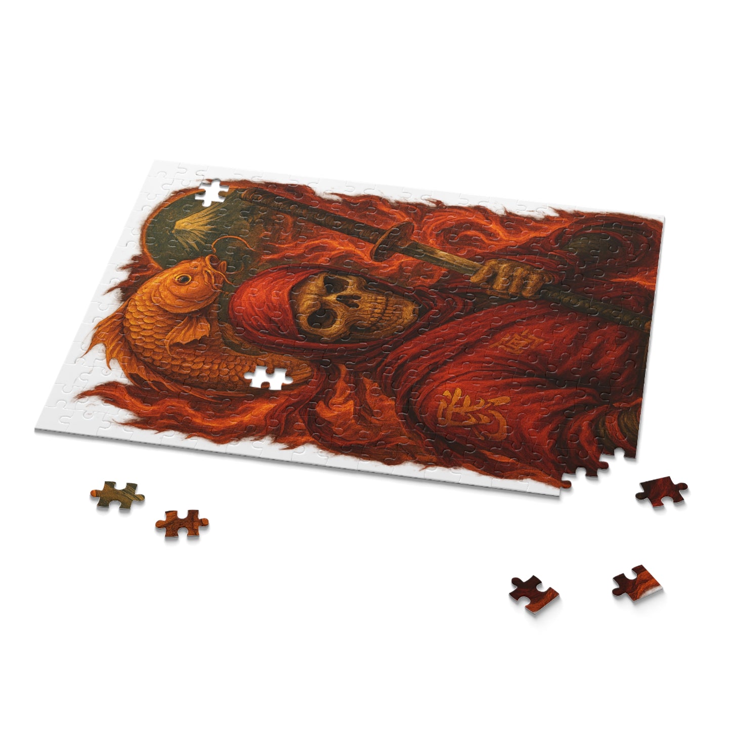 Dark Ninja Skull Puzzle-Gothic Japanese Horror Art, Golden Koi & Fire, High-Detail Mystery Warrior Jigsaw for Adults, Unique Gift Idea