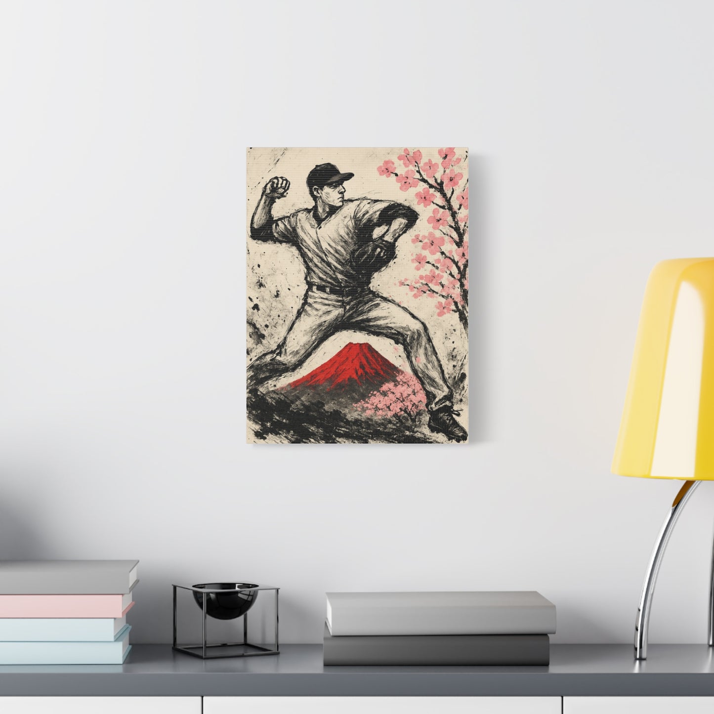 Baseball Pitcher Canvas Sumi Ink Art Fuji Sakura Japanese Print Windup Wall Decor Japan Inspired Sports Art Gift for Dad