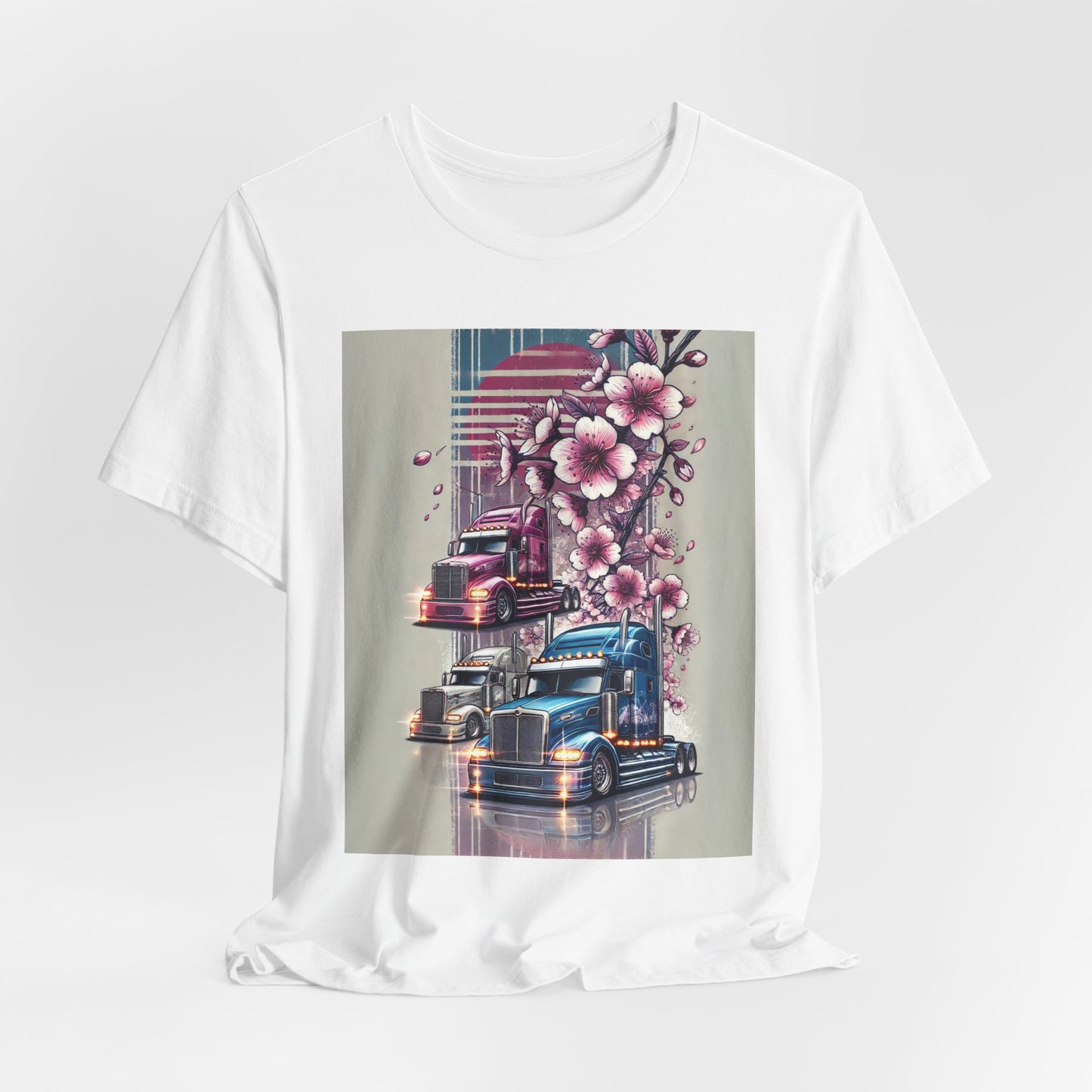 Cherry Blossom Convoy T-Shirt | Japanese Sakura x Modern Truck Art | Unique Graphic Tee for Drivers & Streetwear Lovers No.004