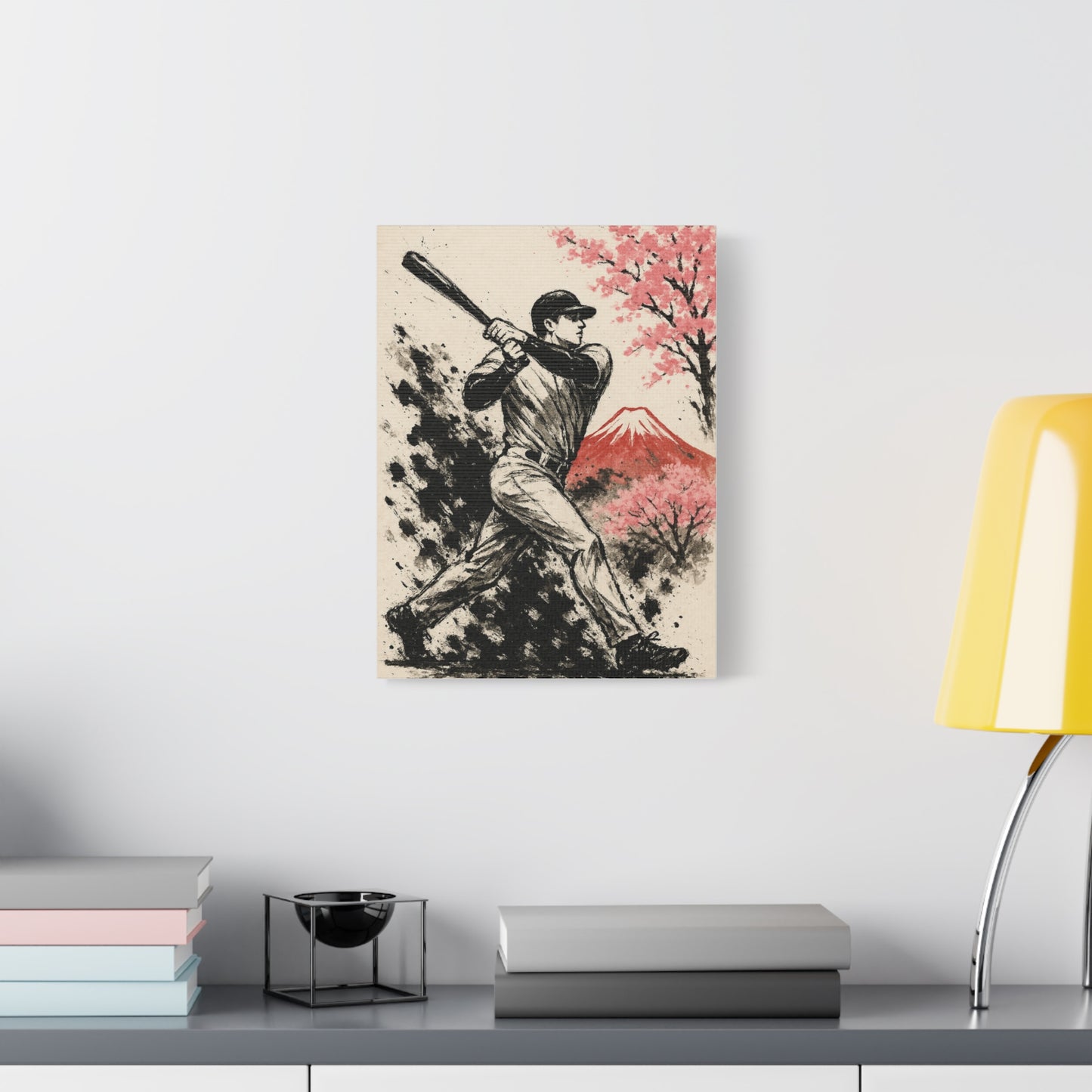 Baseball Batter Canvas Sumi Ink Art Fuji Sakura Japanese Print Power Swing Wall Decor Japan Inspired Sports Art Gift for Dad