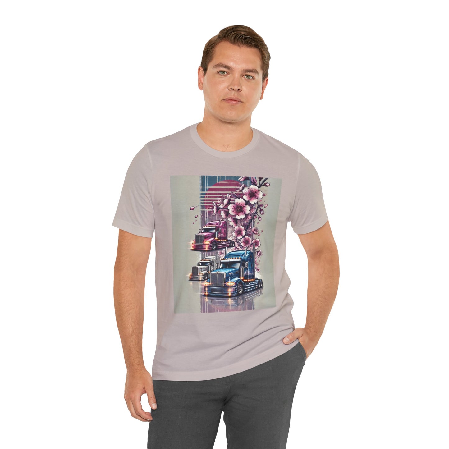 Cherry Blossom Convoy T-Shirt | Japanese Sakura x Modern Truck Art | Unique Graphic Tee for Drivers & Streetwear Lovers No.004
