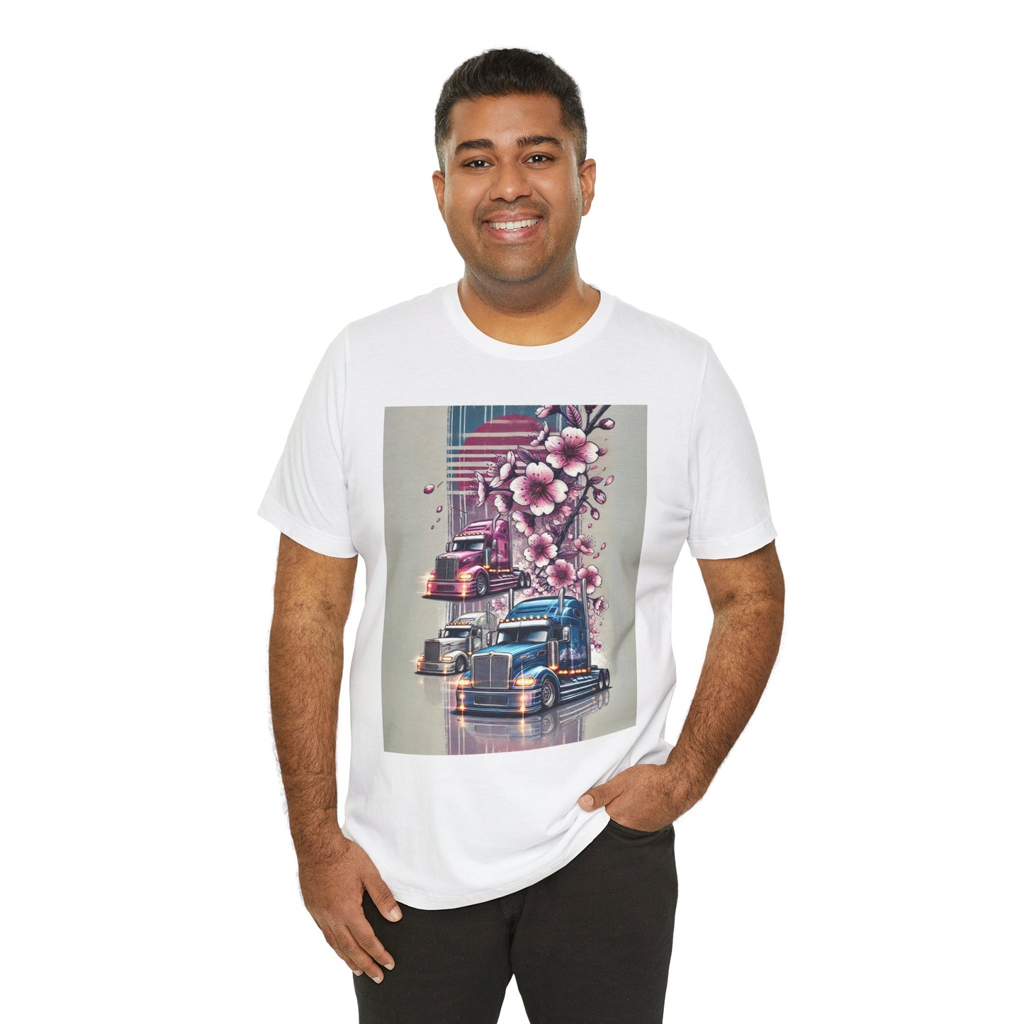 Cherry Blossom Convoy T-Shirt | Japanese Sakura x Modern Truck Art | Unique Graphic Tee for Drivers & Streetwear Lovers No.004