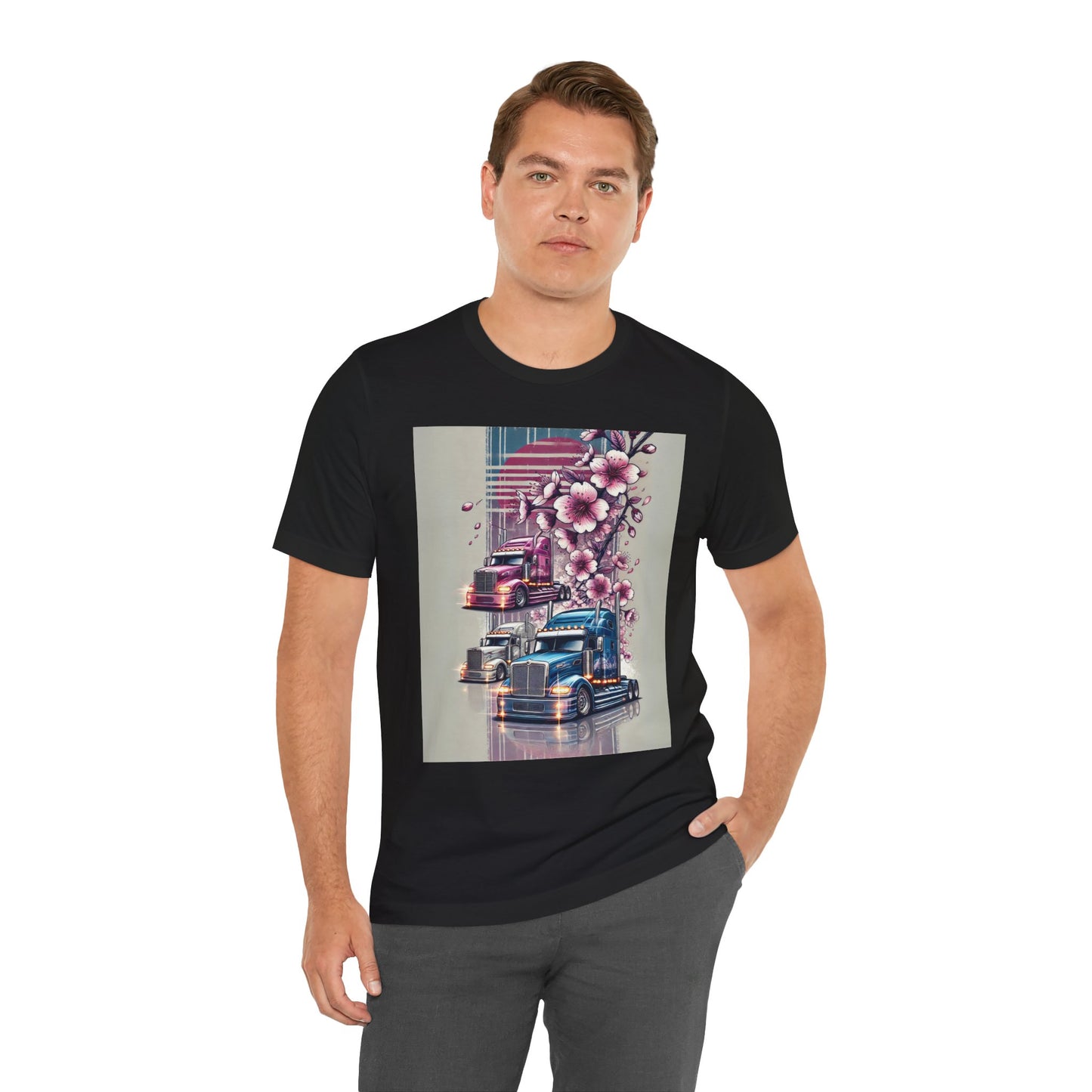 Cherry Blossom Convoy T-Shirt | Japanese Sakura x Modern Truck Art | Unique Graphic Tee for Drivers & Streetwear Lovers No.004