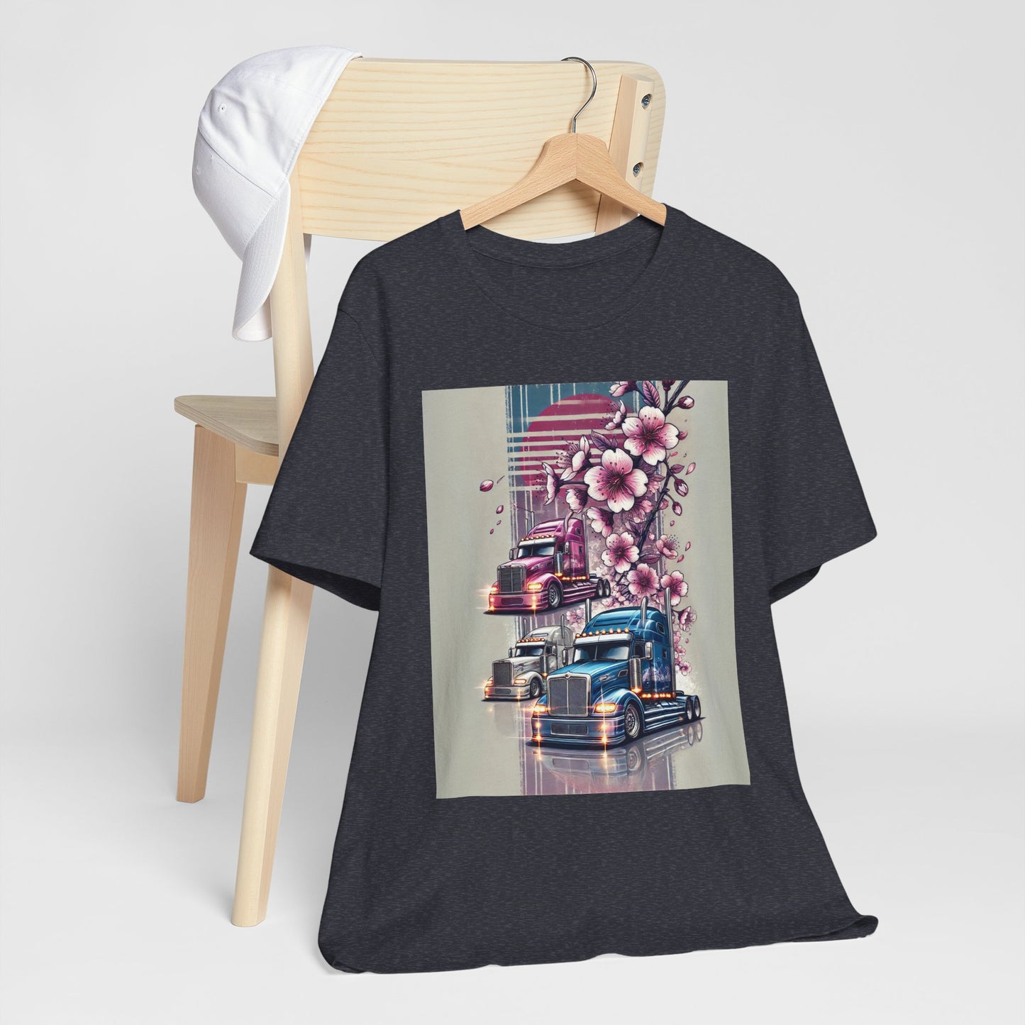 Cherry Blossom Convoy T-Shirt | Japanese Sakura x Modern Truck Art | Unique Graphic Tee for Drivers & Streetwear Lovers No.004