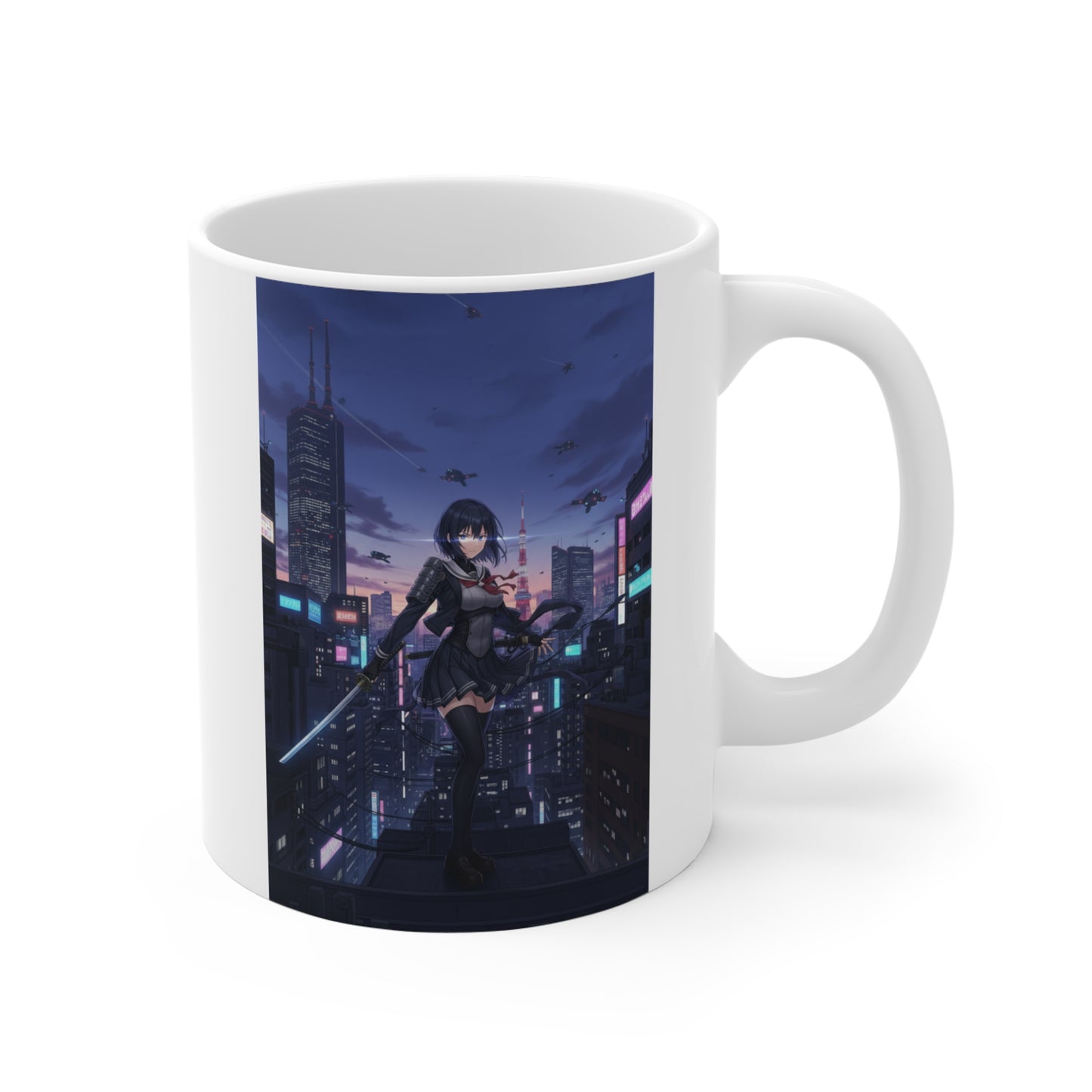 Cyber Ninja Girl Mug Tokyo Skyline Anime Coffee Cup Futuristic Samurai Sword Otaku Gift for Daughter or Dad Gaming Desk Decor