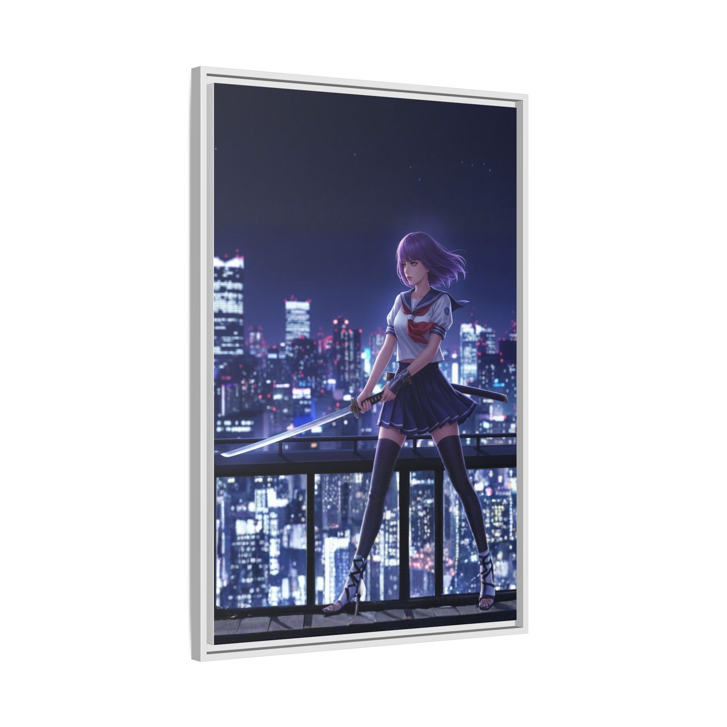 Anime Warrior Girl Canvas Tokyo Night Skyline Katana Wall Art Futuristic Heroine Gift for Daughter or Dad Gaming Room Decor