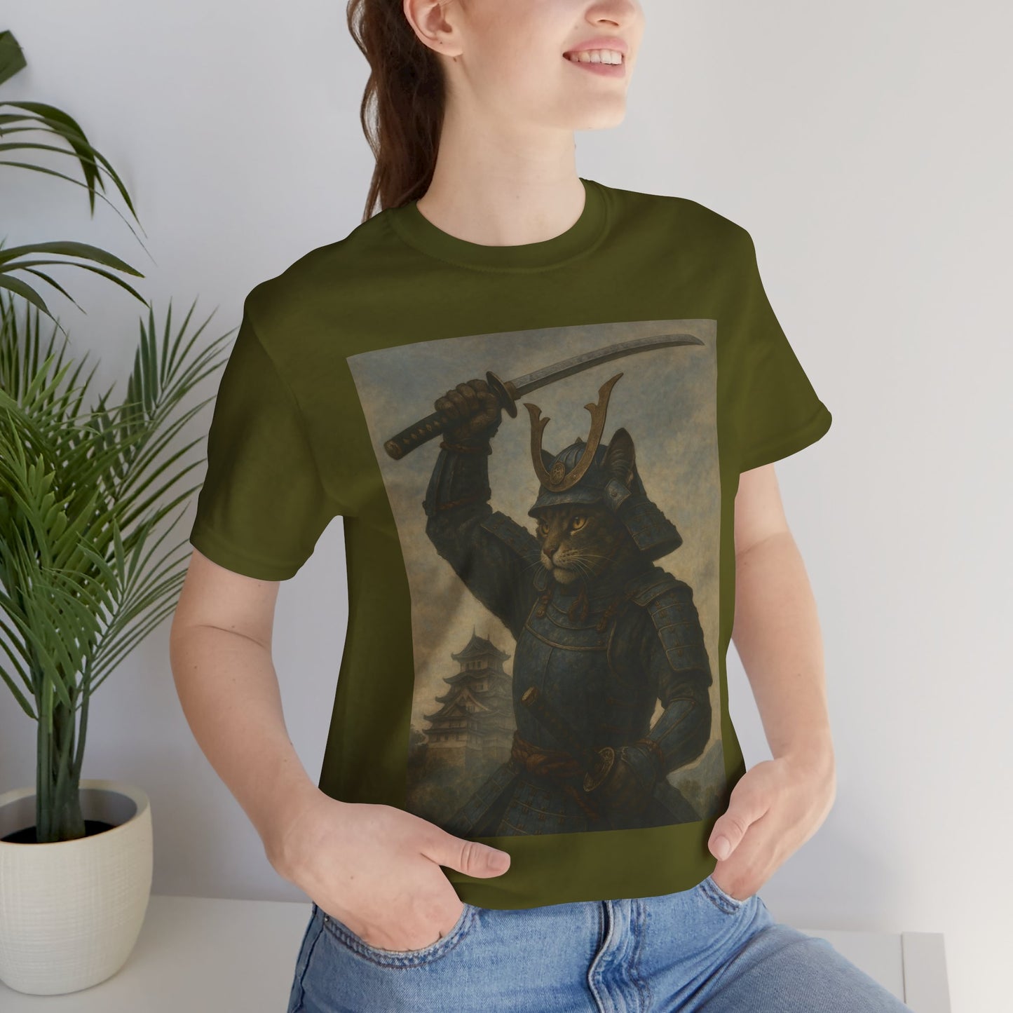 Cat Samurai Strike Tee | Epic Armored Feline Raising Katana | Japanese Warrior Art Unisex Shirt