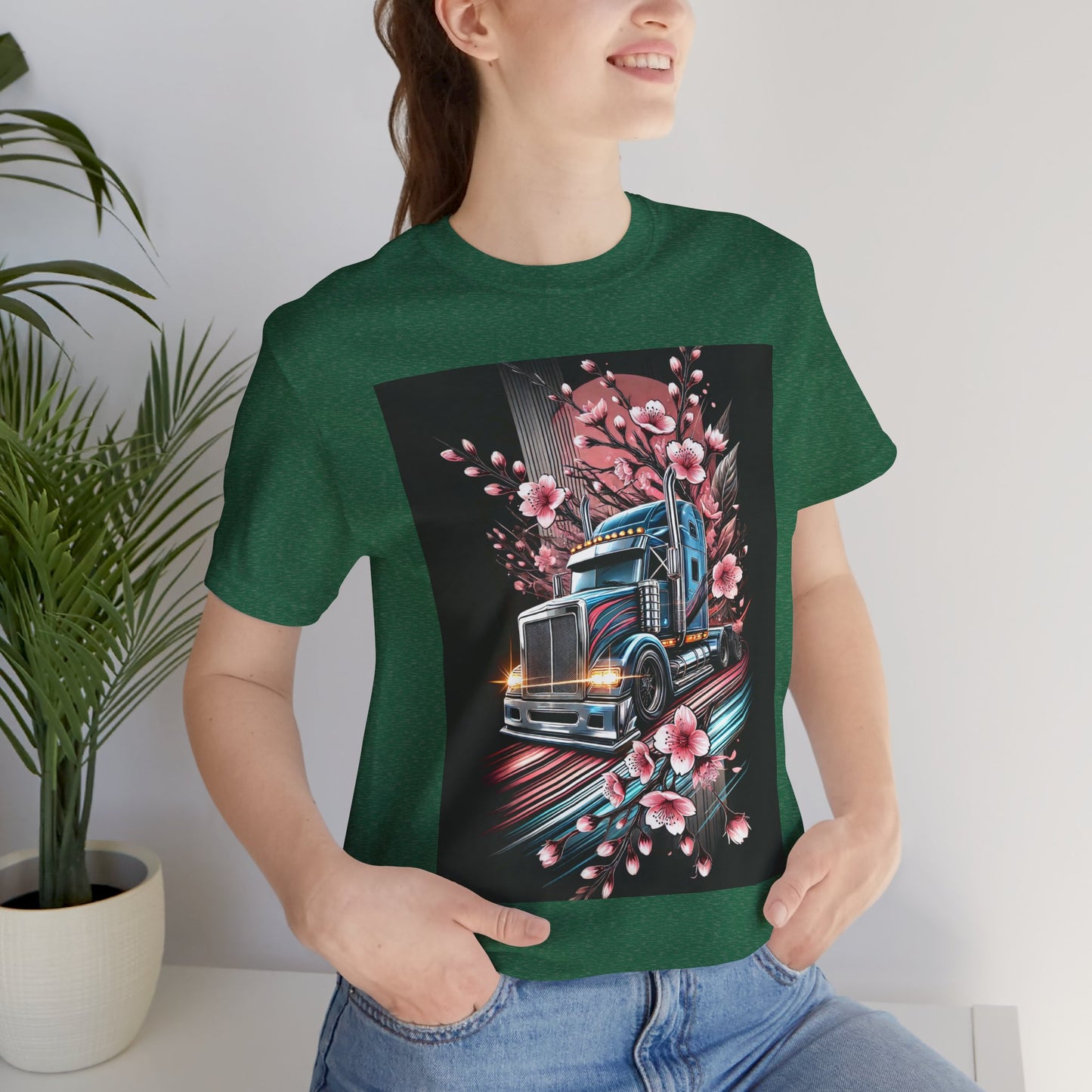 Cherry Blossom Convoy T-Shirt | Japanese Sakura x Modern Truck Art | Unique Graphic Tee for Drivers & Streetwear Lovers No.006