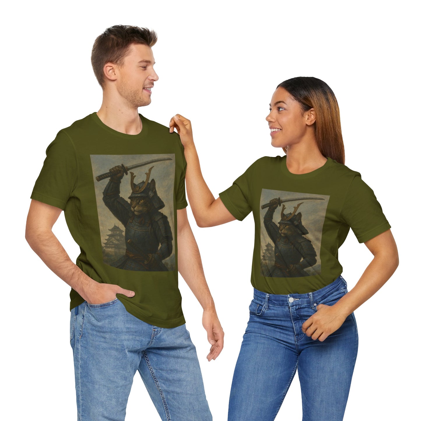 Cat Samurai Strike Tee | Epic Armored Feline Raising Katana | Japanese Warrior Art Unisex Shirt