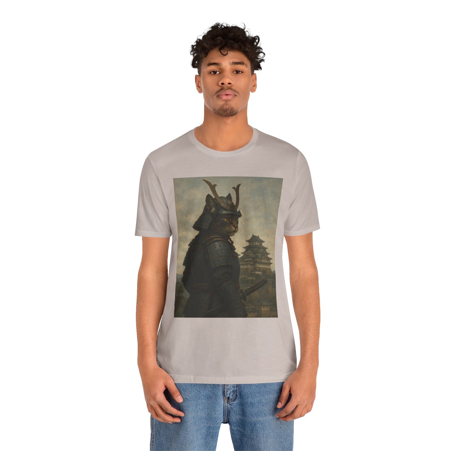 Cat Samurai Vigil Tee | Armored Feline Warrior w/ Castle Backdrop | Japanese Art Unisex Shirt