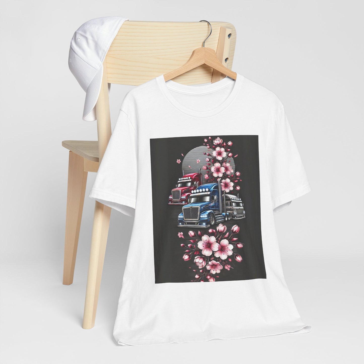 Cherry Blossom Convoy T-Shirt | Japanese Sakura x Modern Truck Art | Unique Graphic Tee for Drivers & Streetwear Lovers No.005