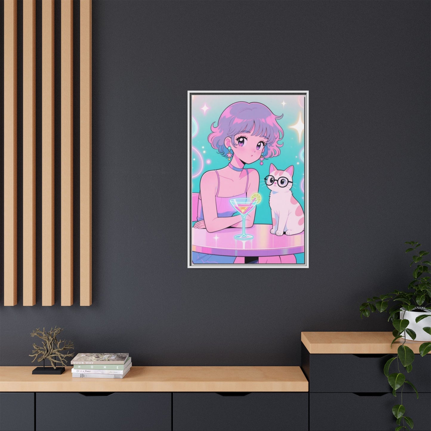 Anime Girl and Cat Canvas Pastel Neon Retro Shoujo Wall Art Kawaii Cocktail Aesthetic Gift for Daughter or Dad