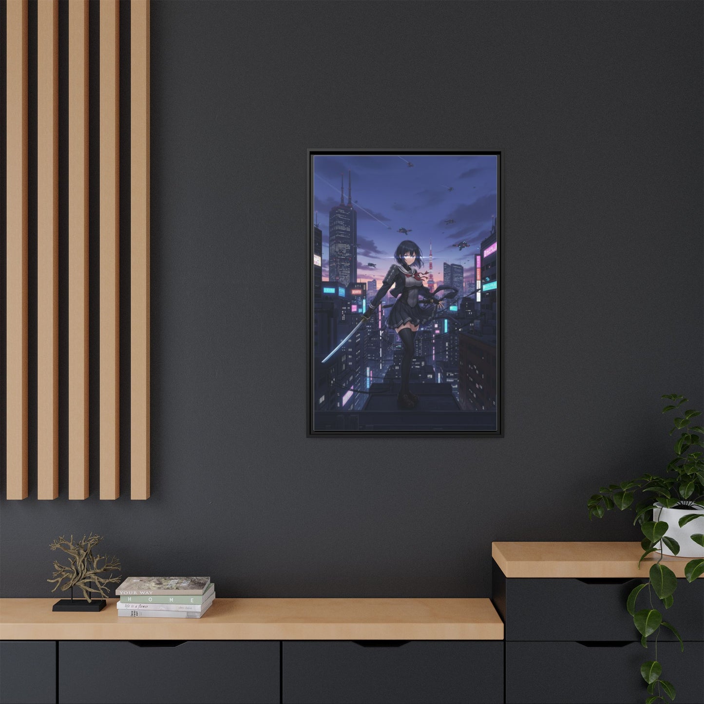 Cyber Ninja Girl Canvas Tokyo Skyline Anime Wall Art Futuristic Night City Samurai Sword Gift for Daughter or Dad Gaming Room Decor