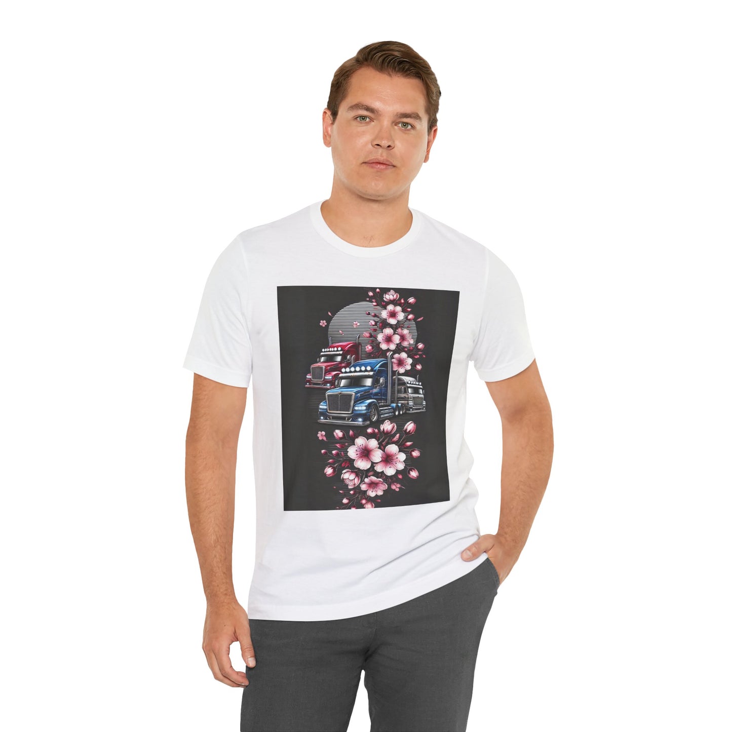 Cherry Blossom Convoy T-Shirt | Japanese Sakura x Modern Truck Art | Unique Graphic Tee for Drivers & Streetwear Lovers No.005
