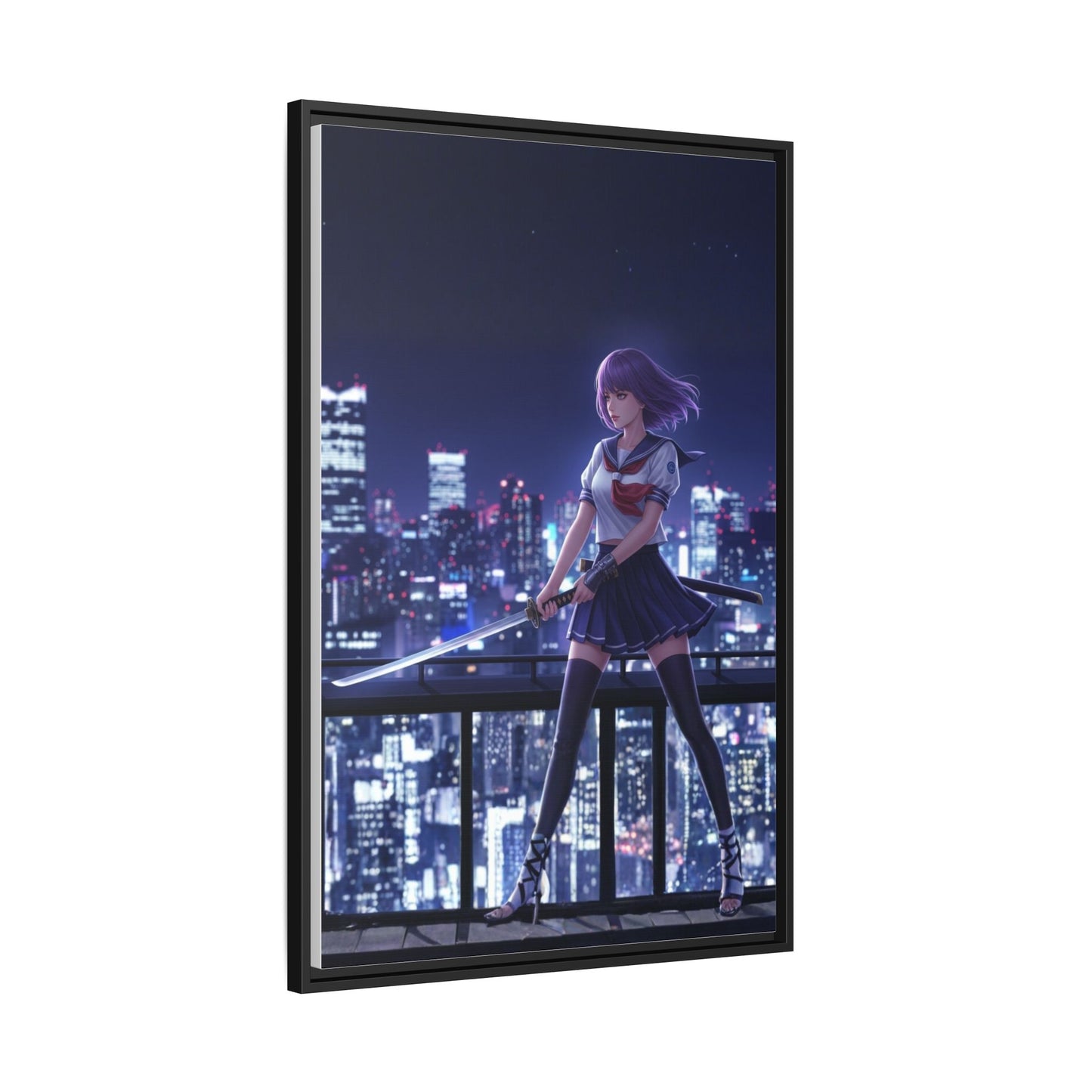 Anime Warrior Girl Canvas Tokyo Night Skyline Katana Wall Art Futuristic Heroine Gift for Daughter or Dad Gaming Room Decor