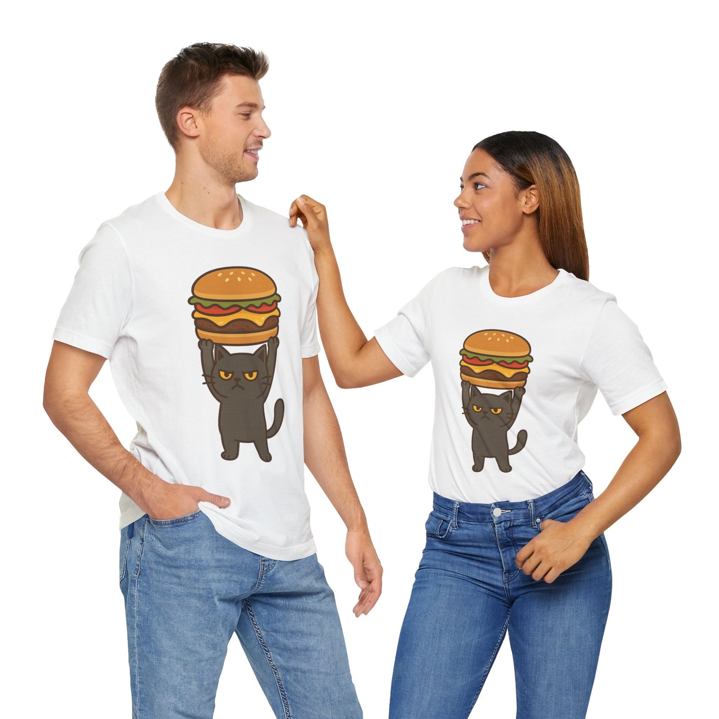 "Hanba-nyaa~" Cute Japanese Cat T-Shirt – Funny Burger & Cat Design – Kawaii Style Unisex Tee – Gift for Food & Cat Lovers