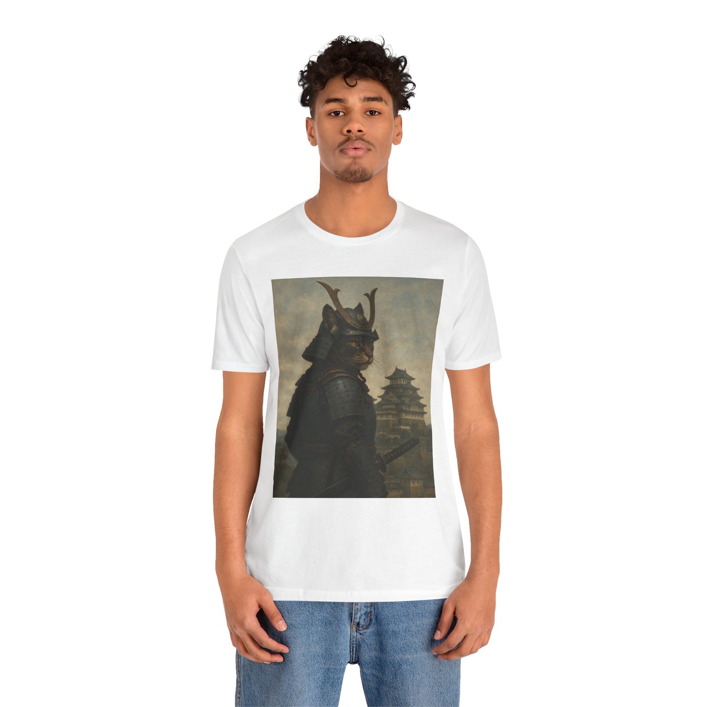 Cat Samurai Vigil Tee | Armored Feline Warrior w/ Castle Backdrop | Japanese Art Unisex Shirt