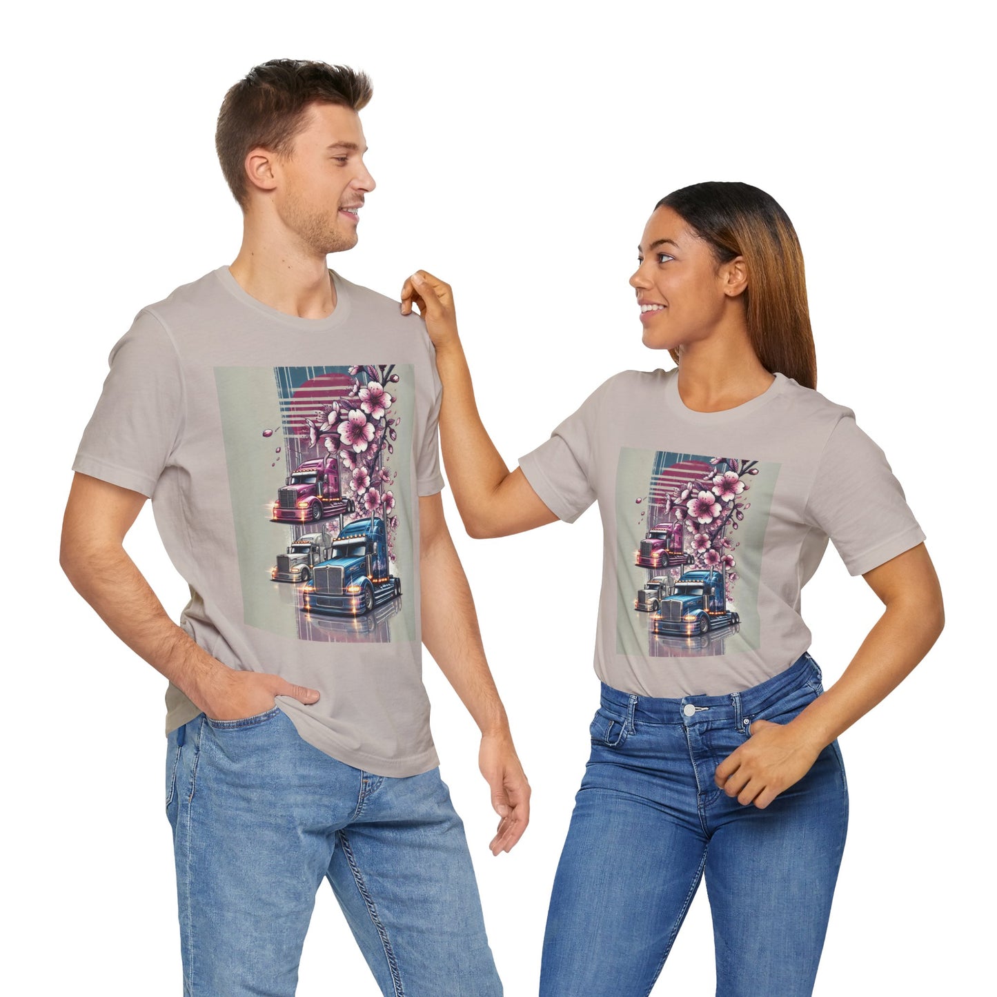 Cherry Blossom Convoy T-Shirt | Japanese Sakura x Modern Truck Art | Unique Graphic Tee for Drivers & Streetwear Lovers No.004